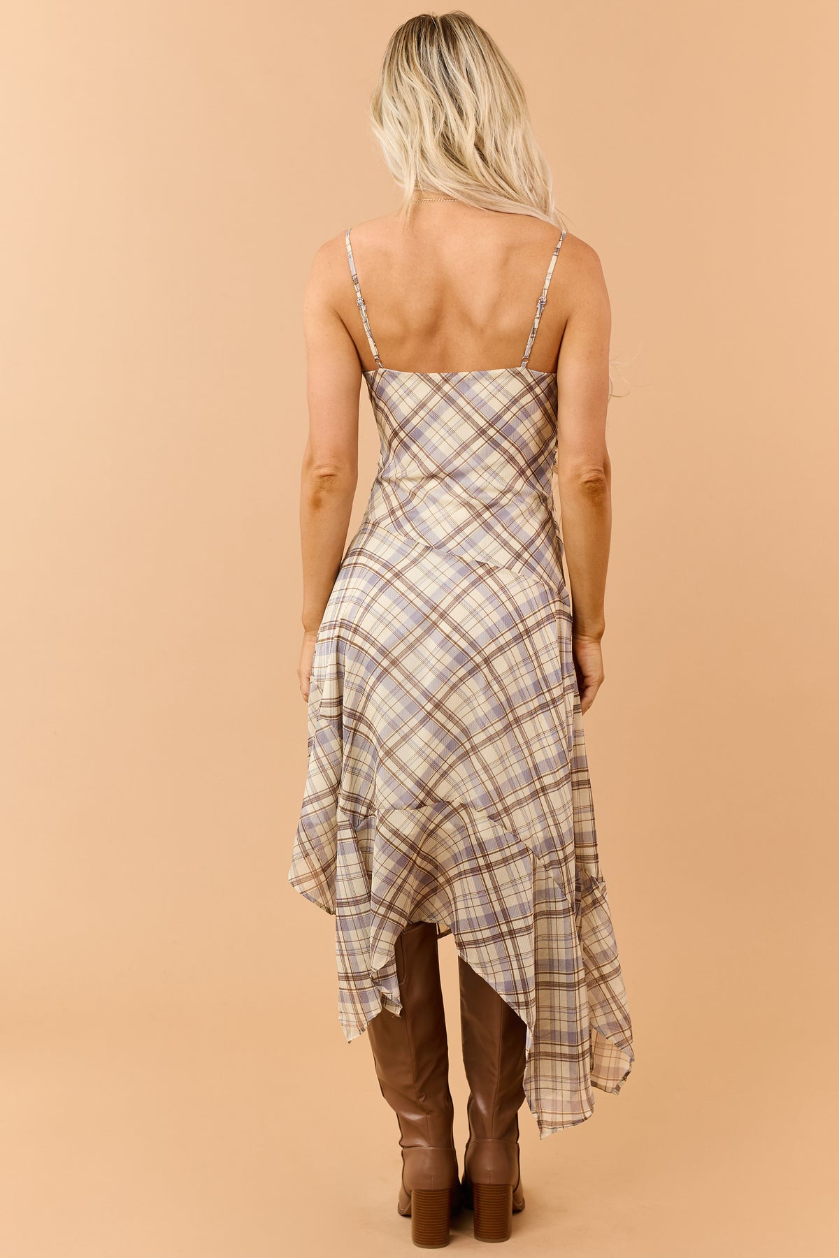 Cream Plaid Handkerchief Hem Cowl Midi Dress