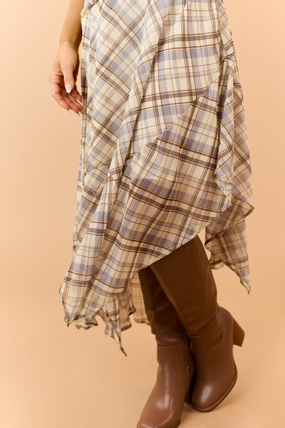 Cream Plaid Handkerchief Hem Cowl Midi Dress