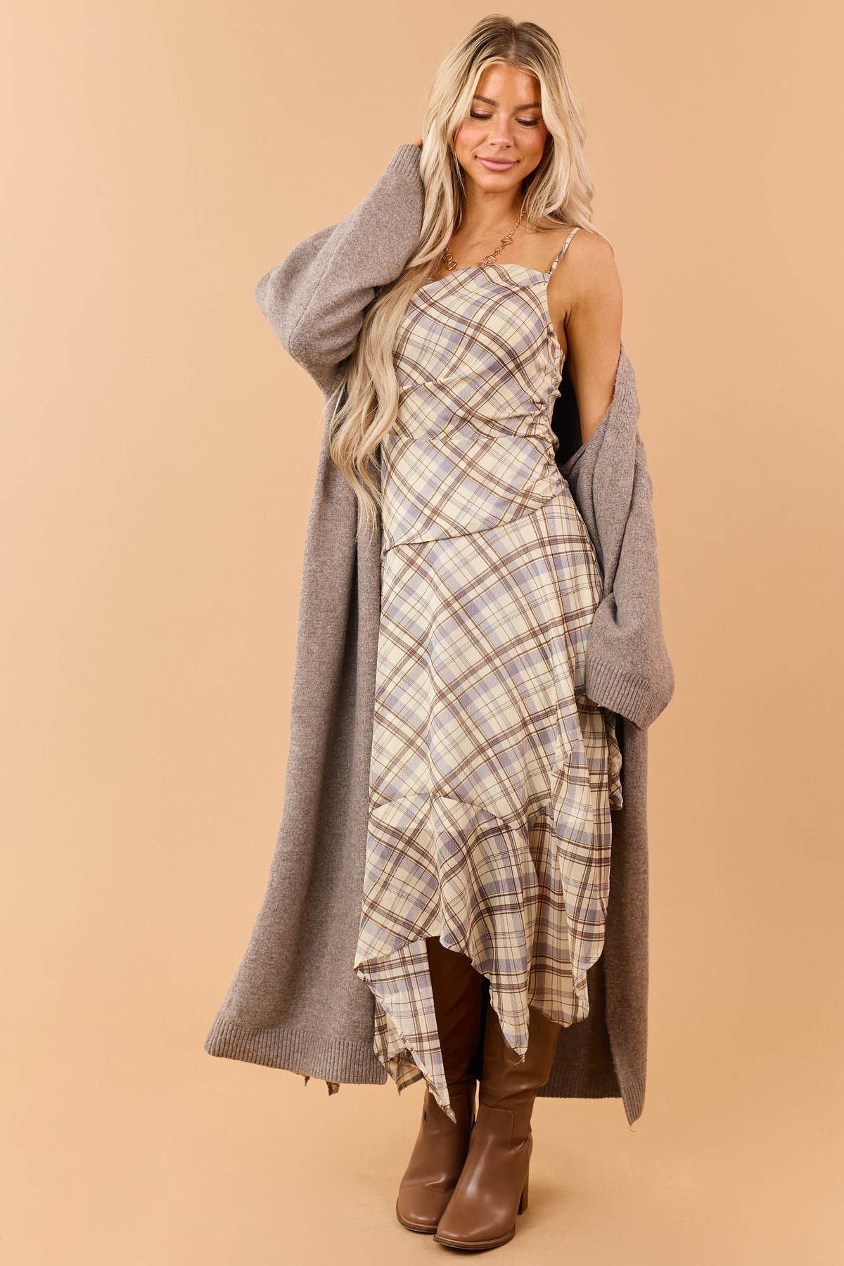 Cream Plaid Handkerchief Hem Cowl Midi Dress