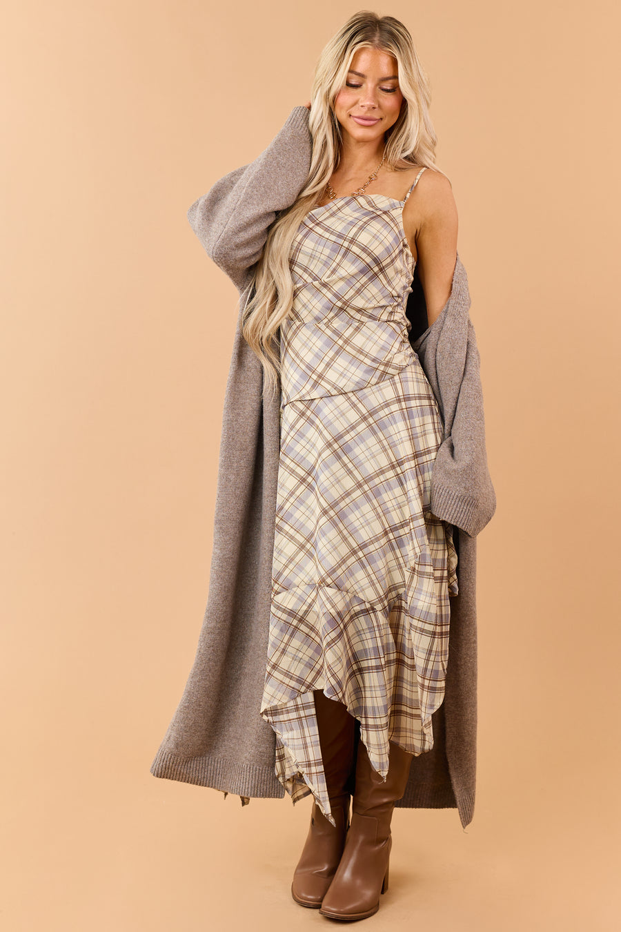 Cream Plaid Handkerchief Hem Cowl Midi Dress