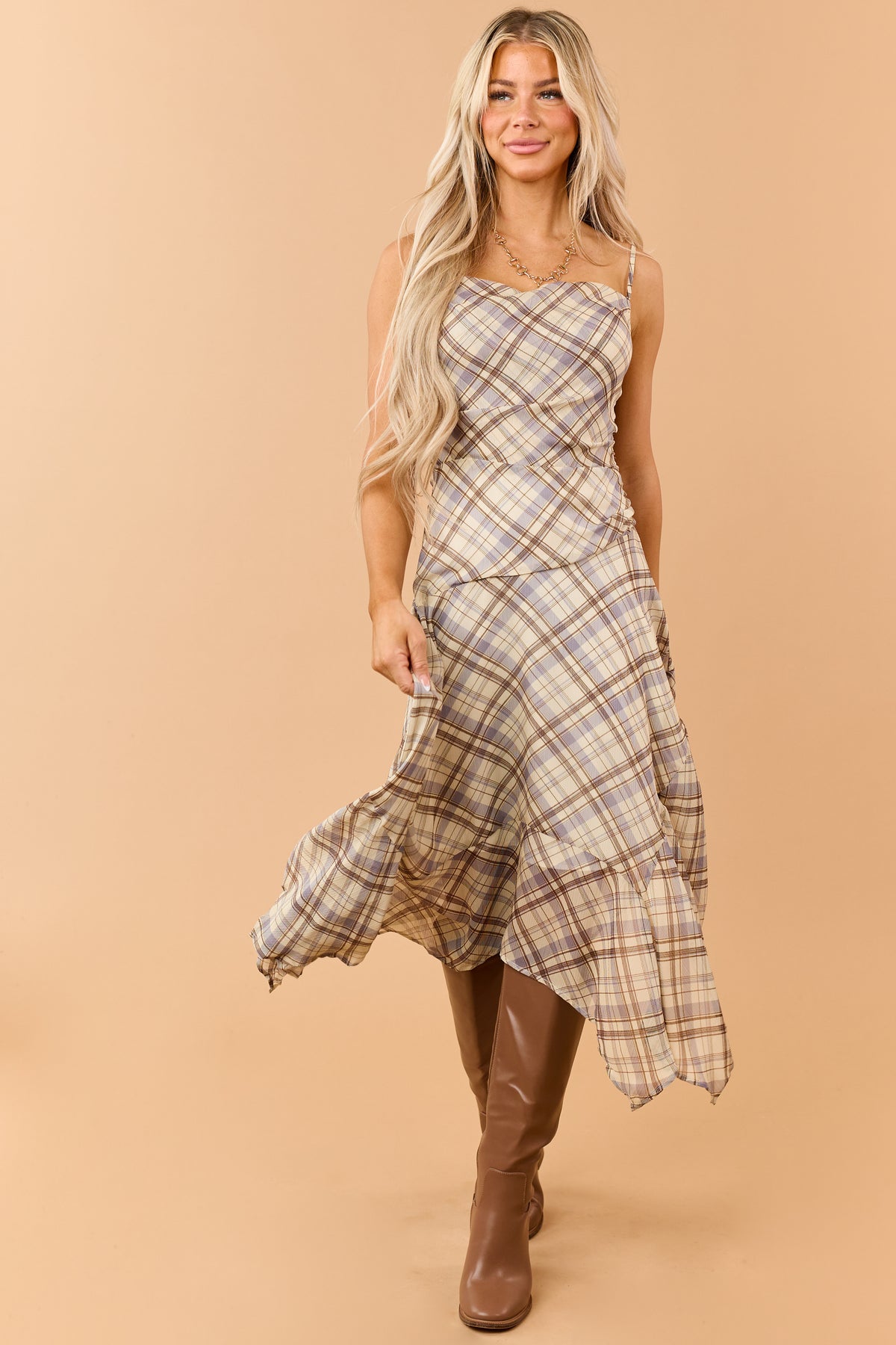 Cream Plaid Handkerchief Hem Cowl Midi Dress