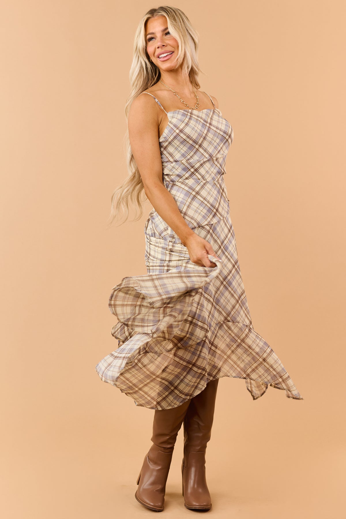 Cream Plaid Handkerchief Hem Cowl Midi Dress