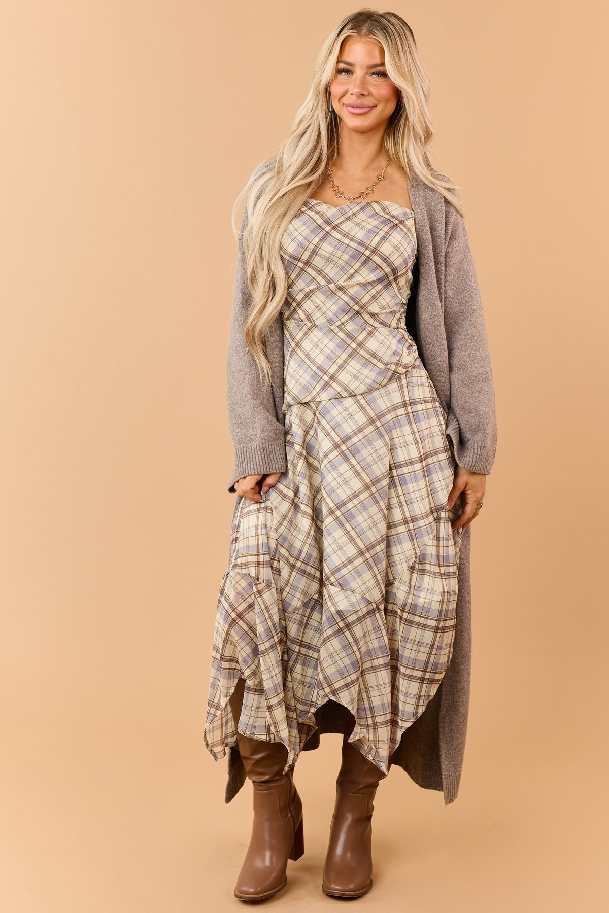 Cream Plaid Handkerchief Hem Cowl Midi Dress