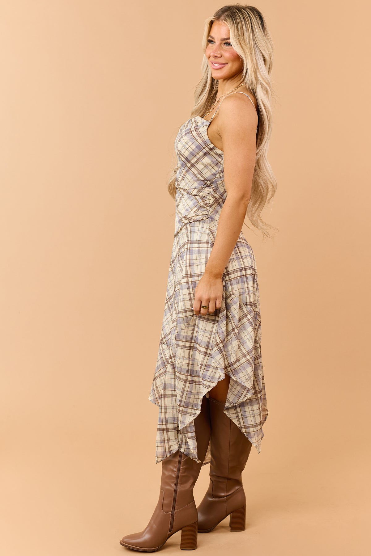 Cream Plaid Handkerchief Hem Cowl Midi Dress