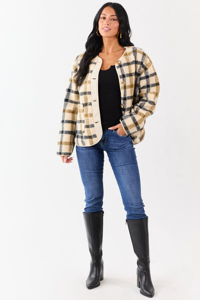 Cream Plaid Sherpa Button Down Teddy Jacket