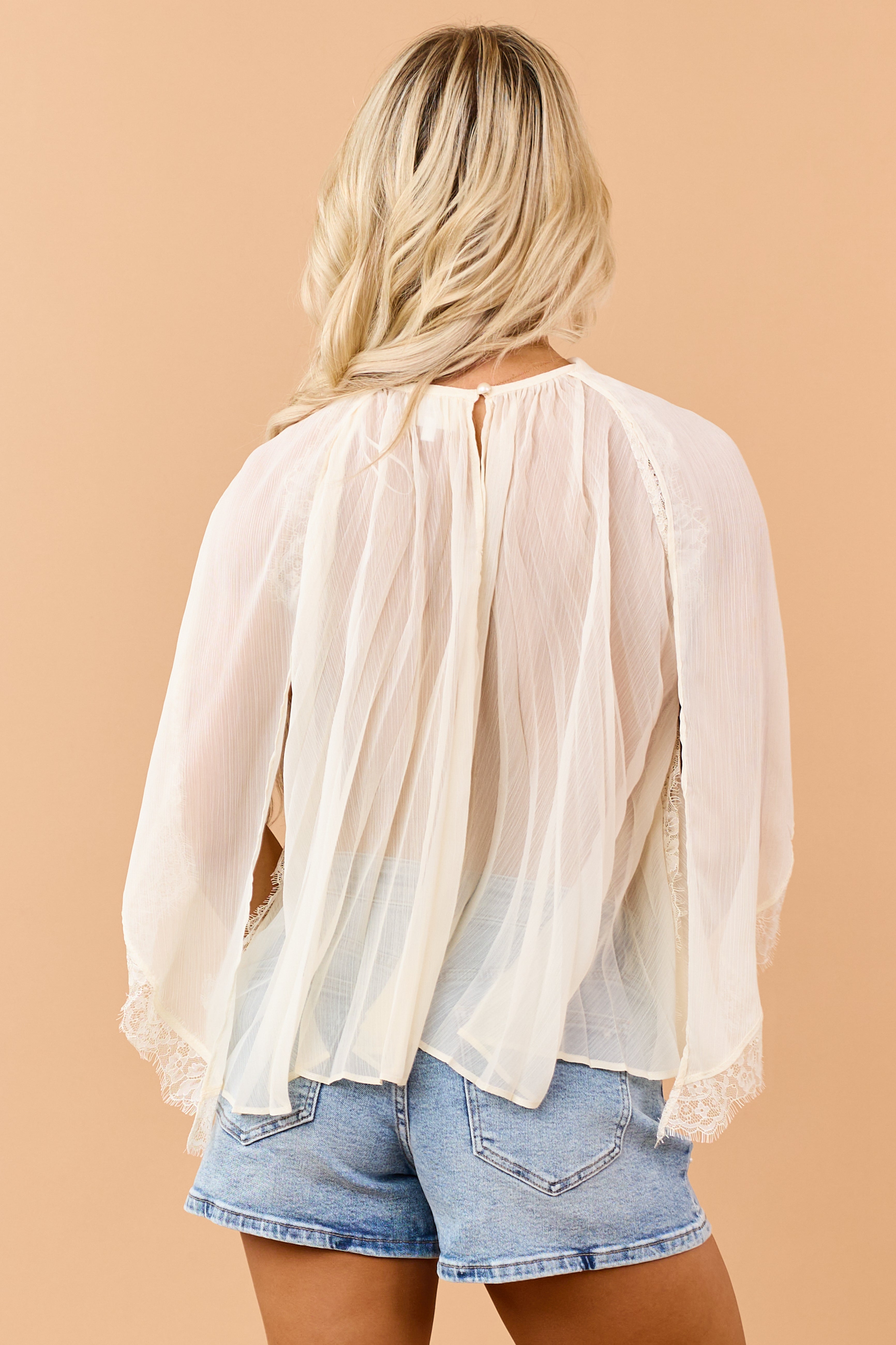 Cream Pleated Lace Trim Flowy Yoke Sash Blouse