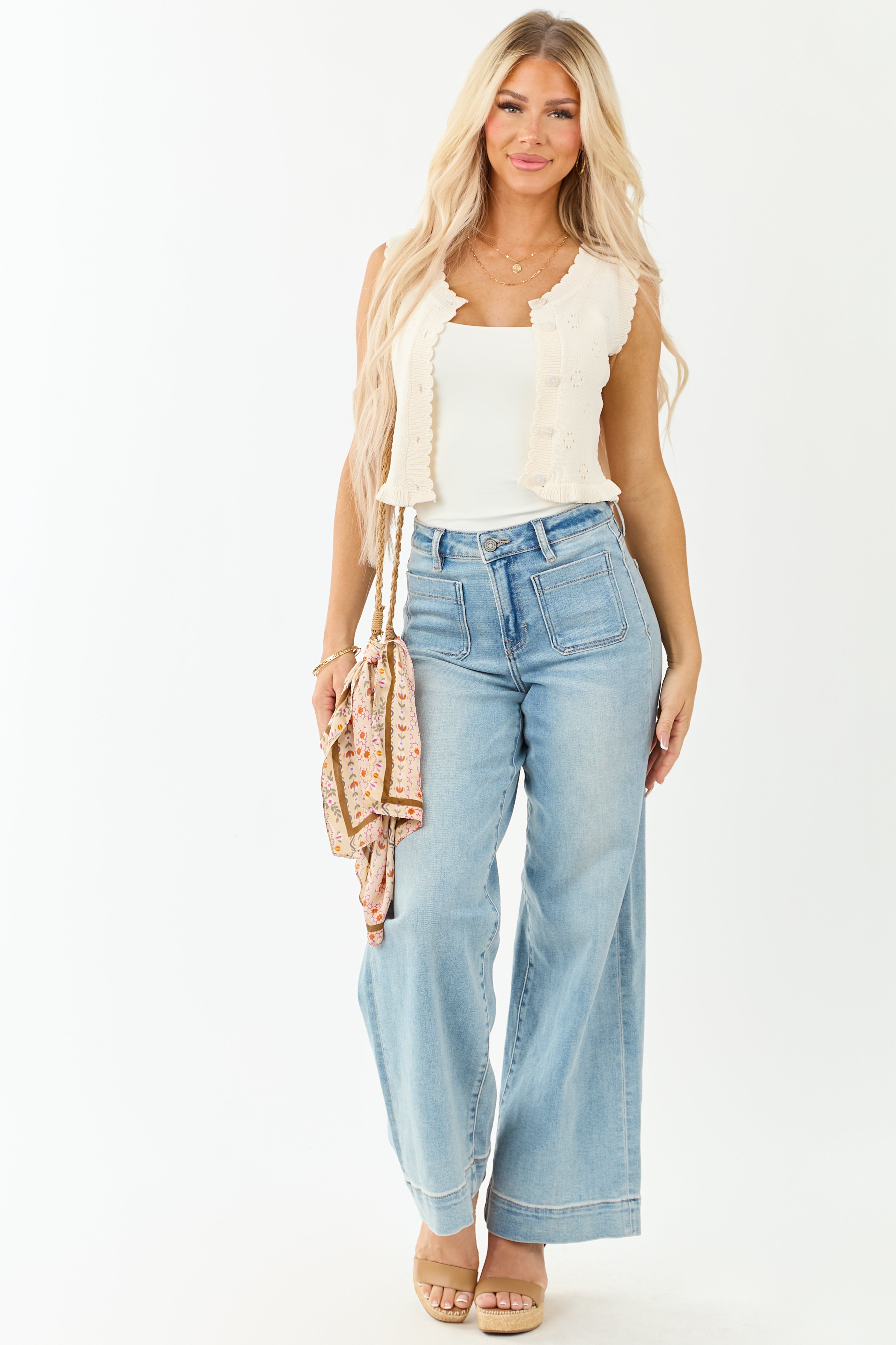 Cream Pointelle Knit Cropped Button Up Tank Top | Lime Lush Boutique