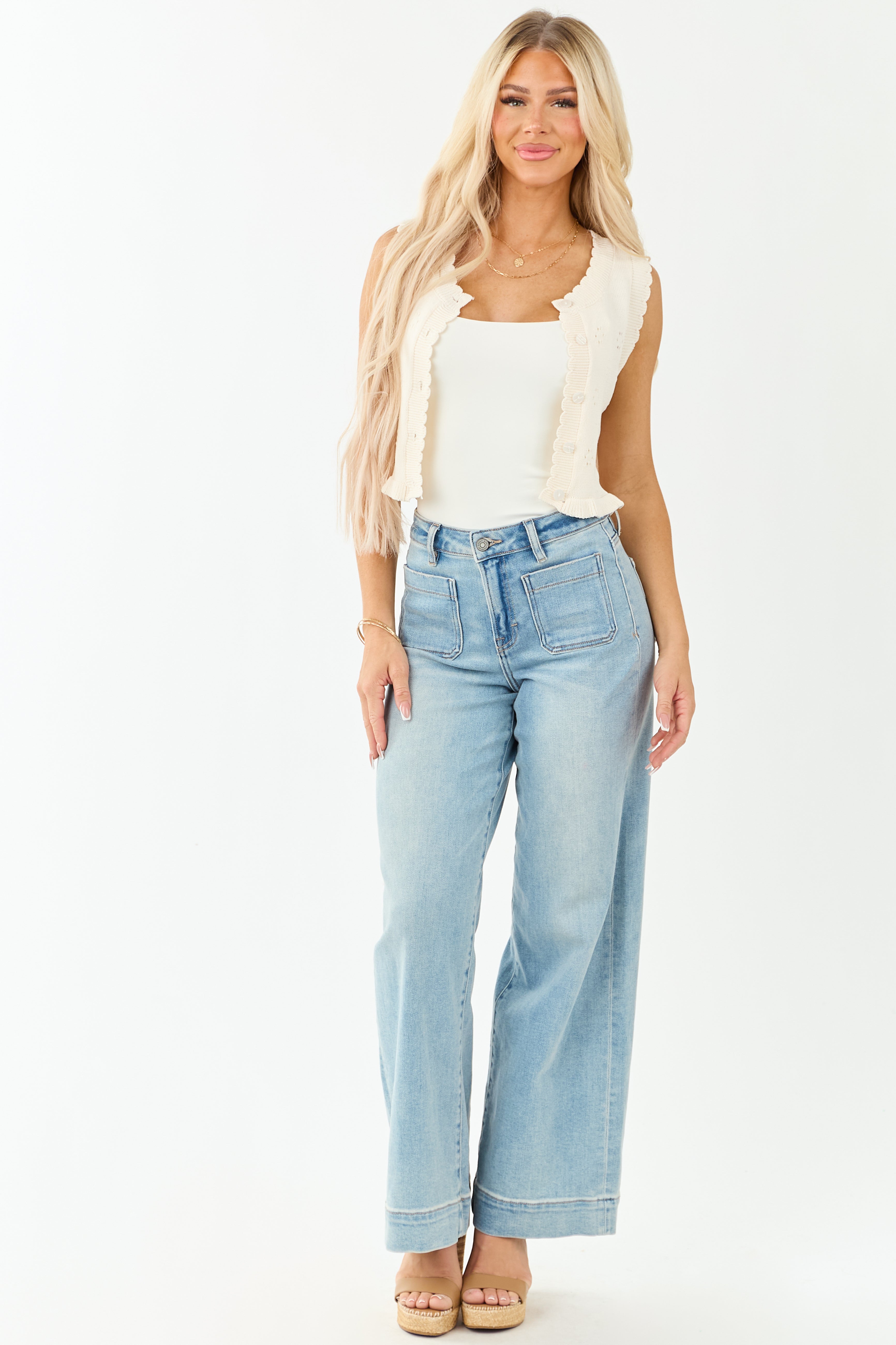Cream Pointelle Knit Cropped Button Up Tank Top | Lime Lush Boutique