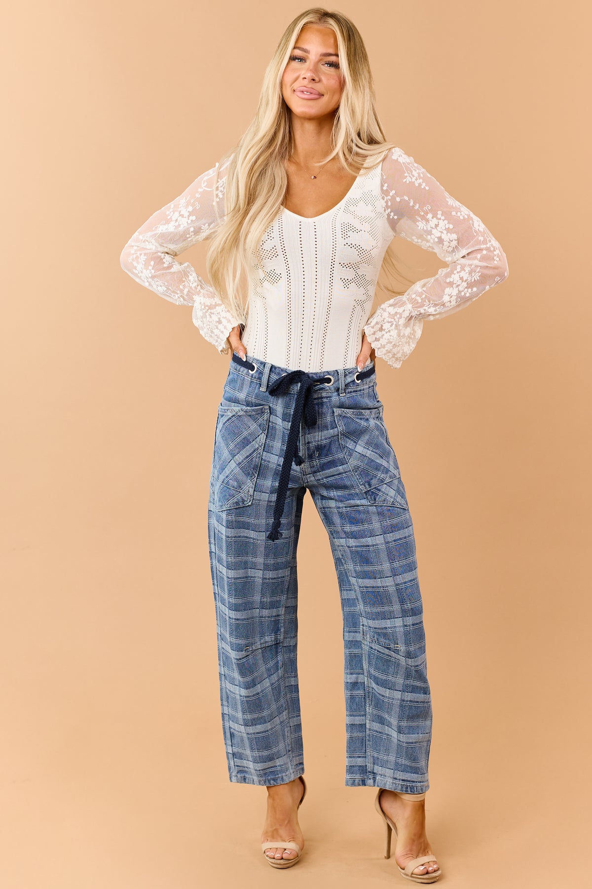 Cream Pointelle Knit Flare Lace Sleeve Bodysuit