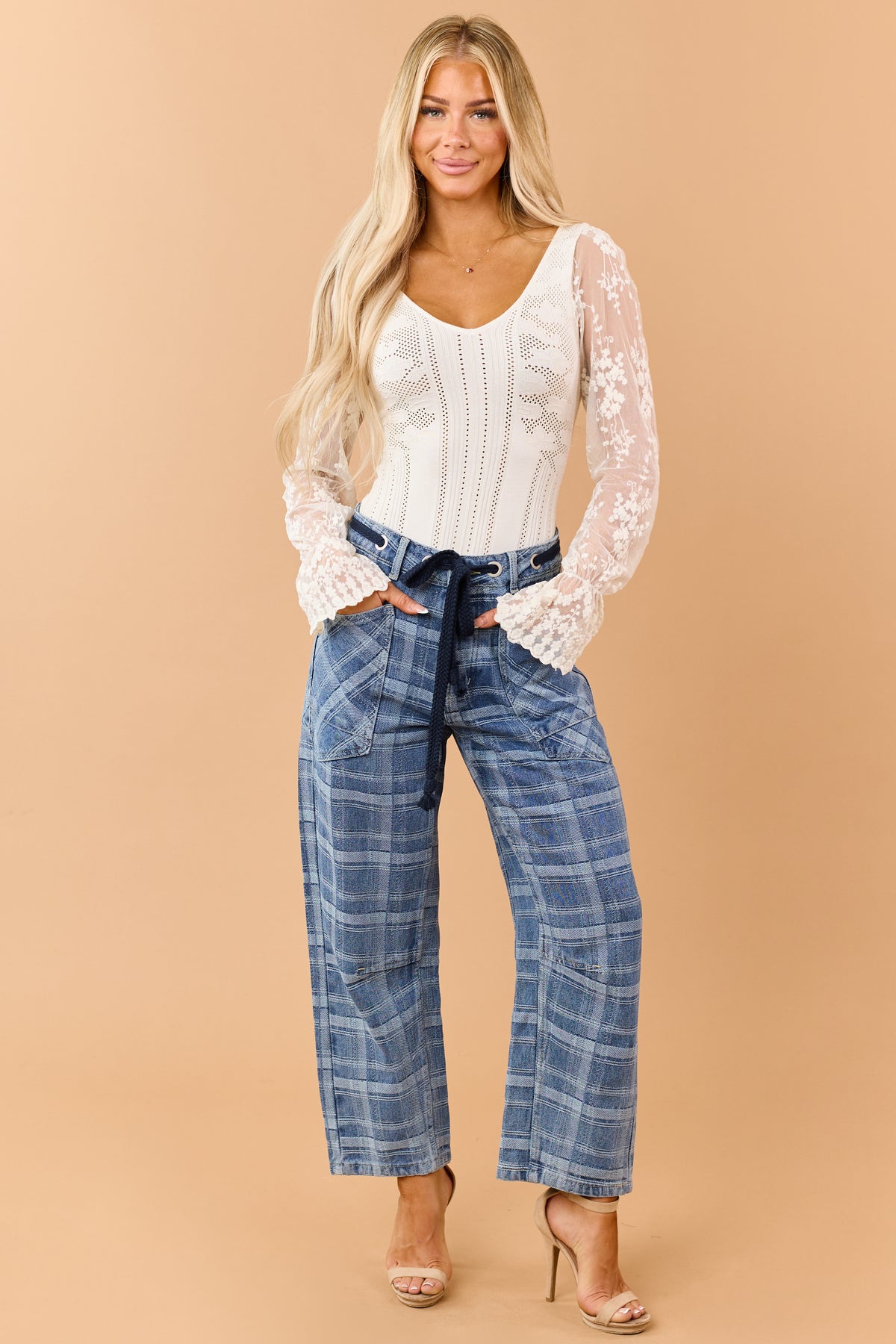 Cream Pointelle Knit Flare Lace Sleeve Bodysuit