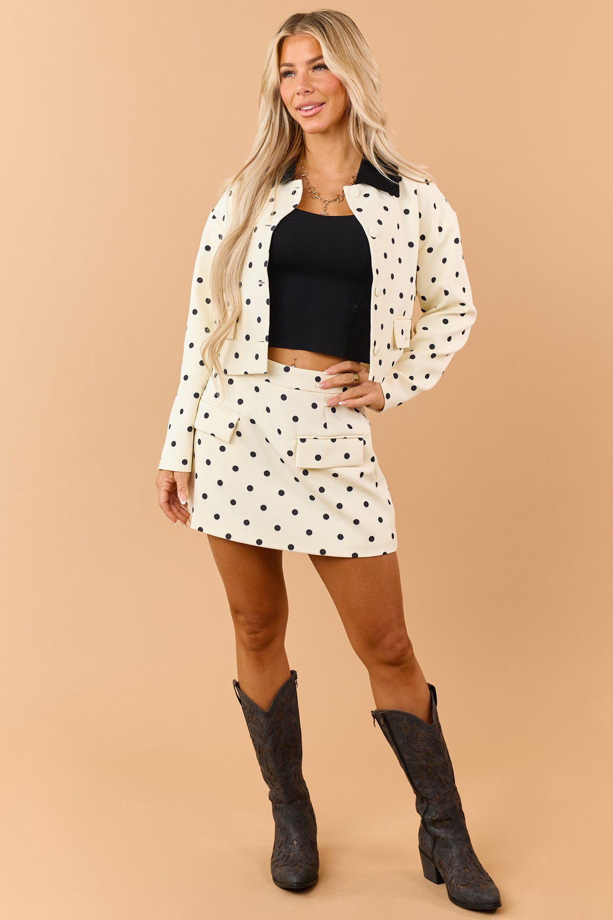 Cream Polka Dot Contrast Collar Crop Jacket