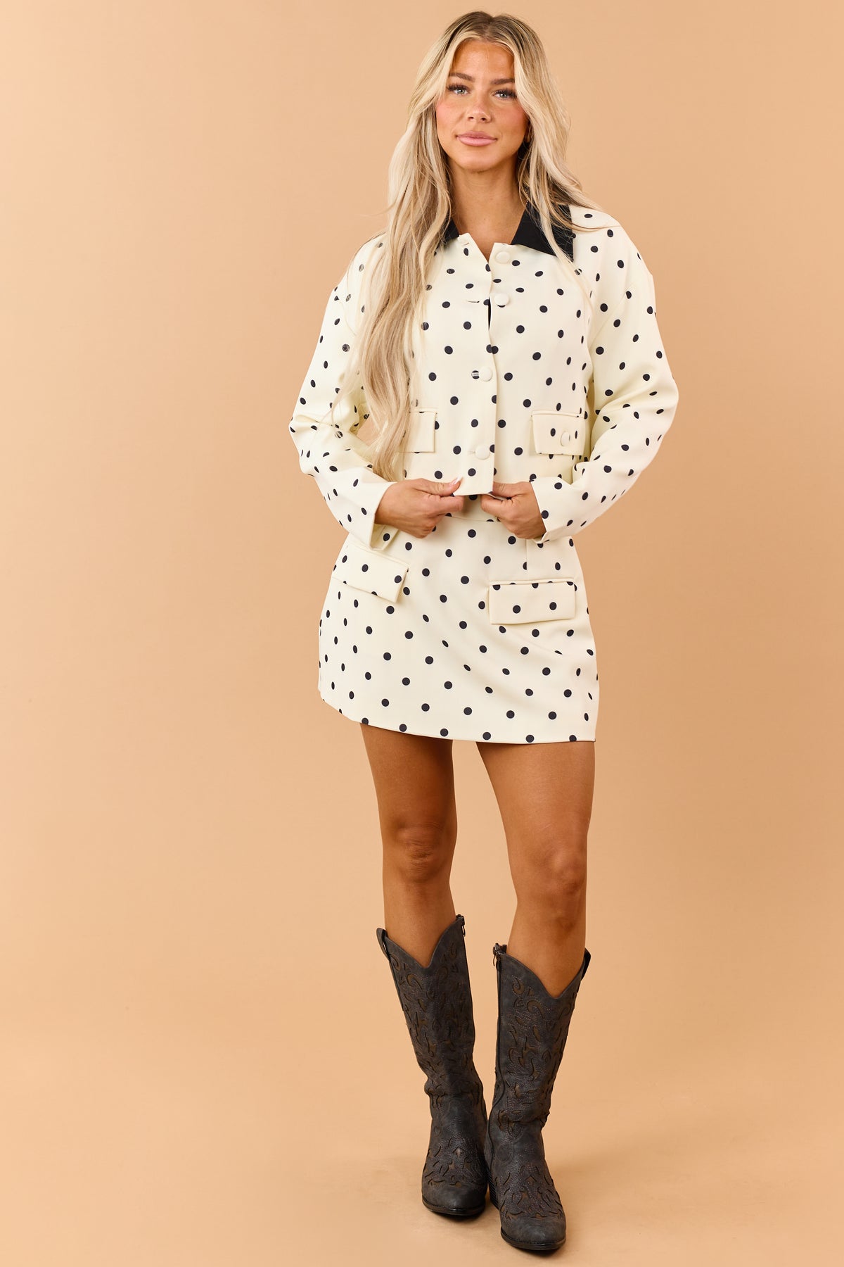 Cream Polka Dot Knit A-Line Mini Skirt