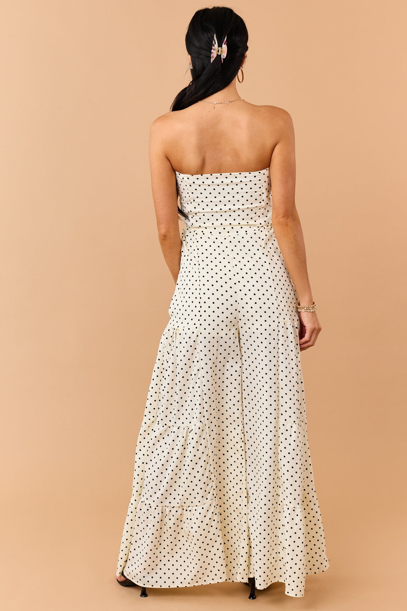 Cream Polka Dot Strapless Front Tie Jumpsuit