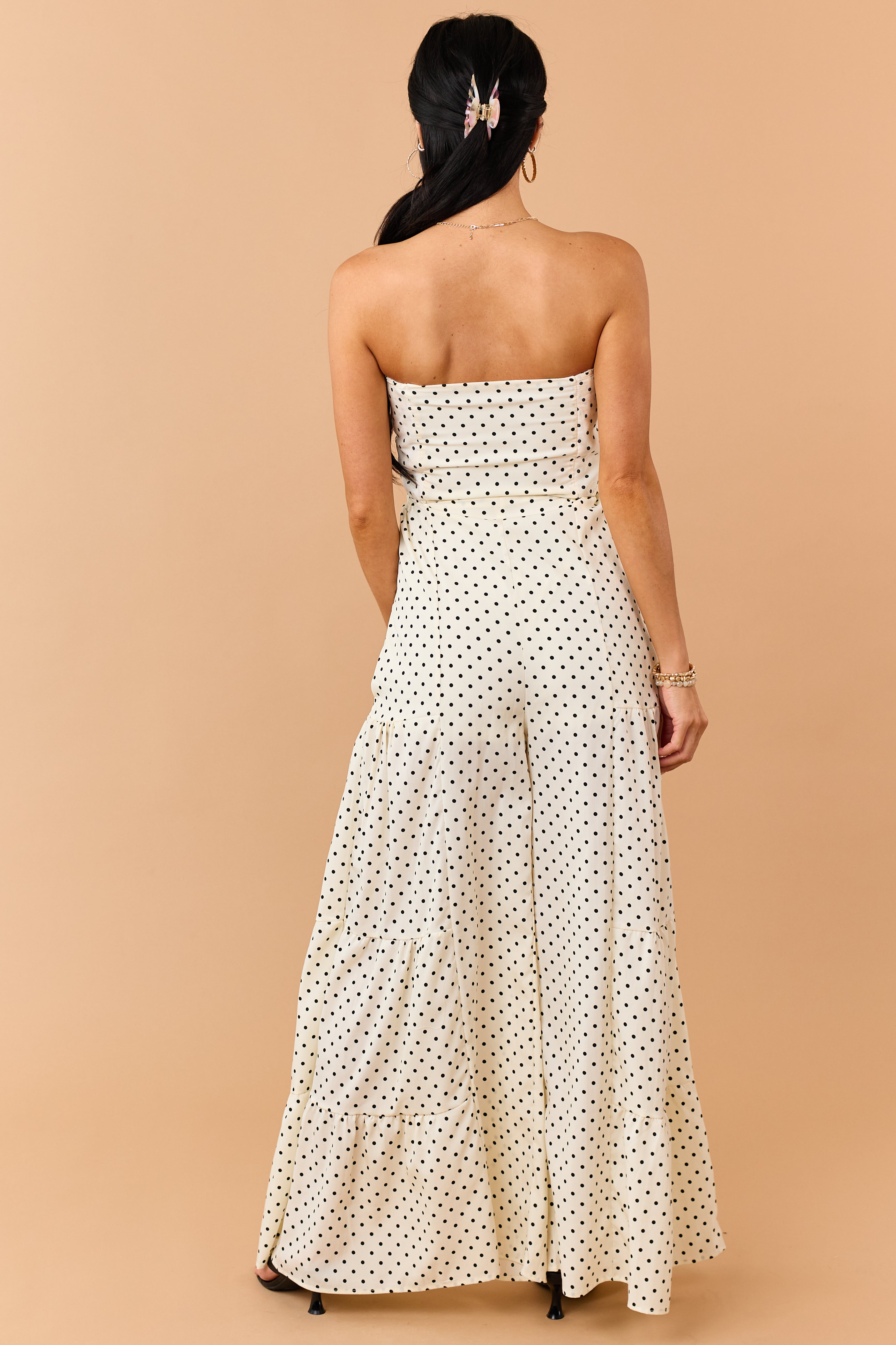 Cream Polka Dot Strapless Front Tie Jumpsuit
