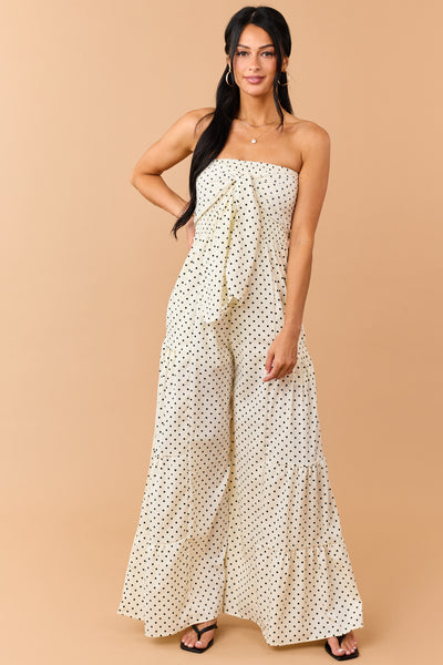 Cream Polka Dot Strapless Front Tie Jumpsuit