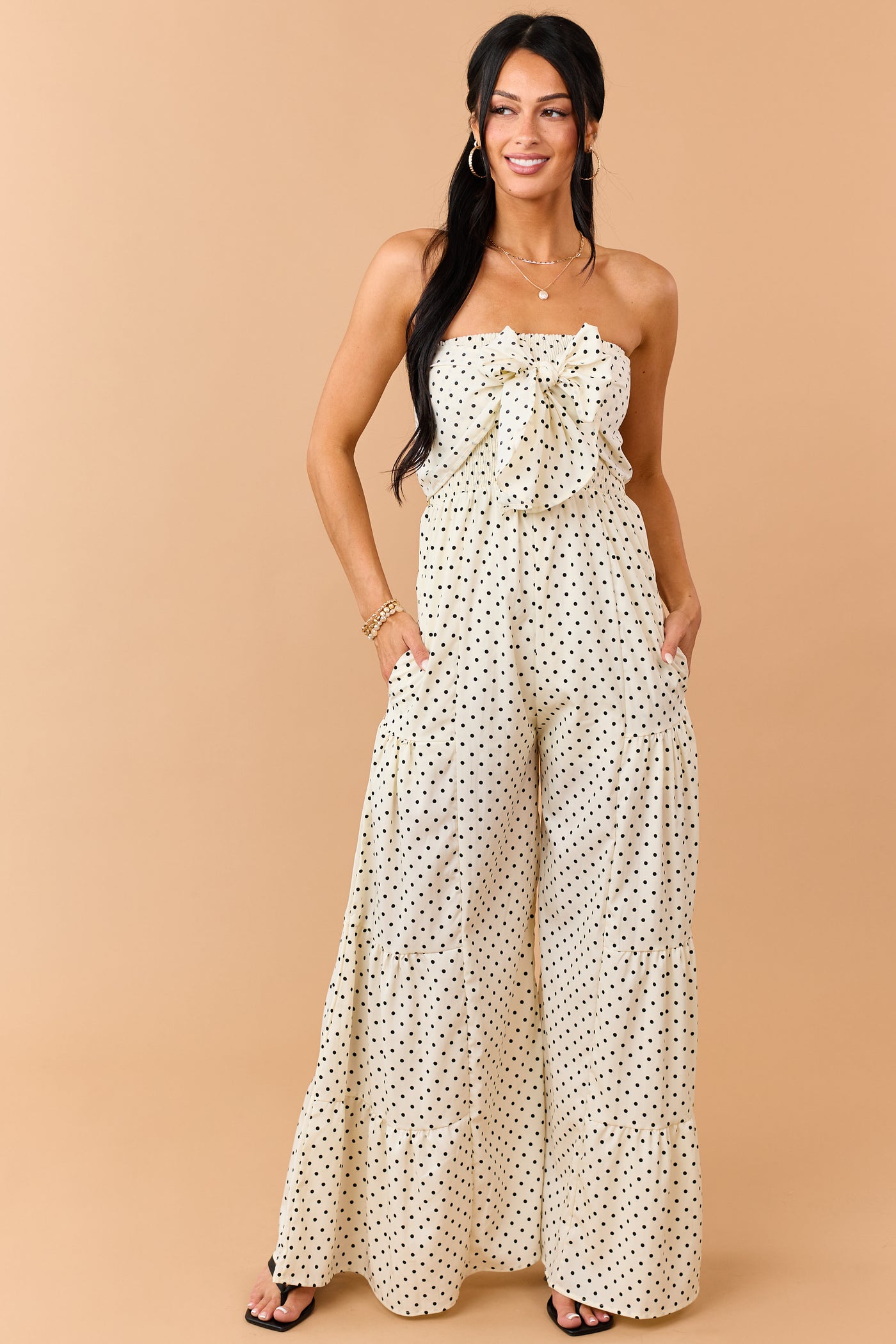 Cream Polka Dot Strapless Front Tie Jumpsuit