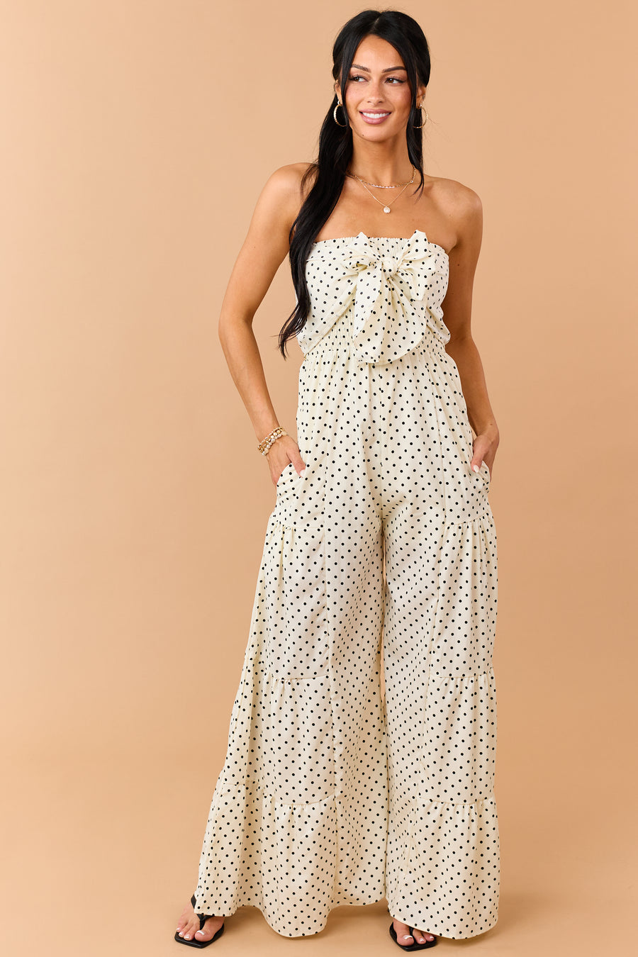 Cream Polka Dot Strapless Front Tie Jumpsuit