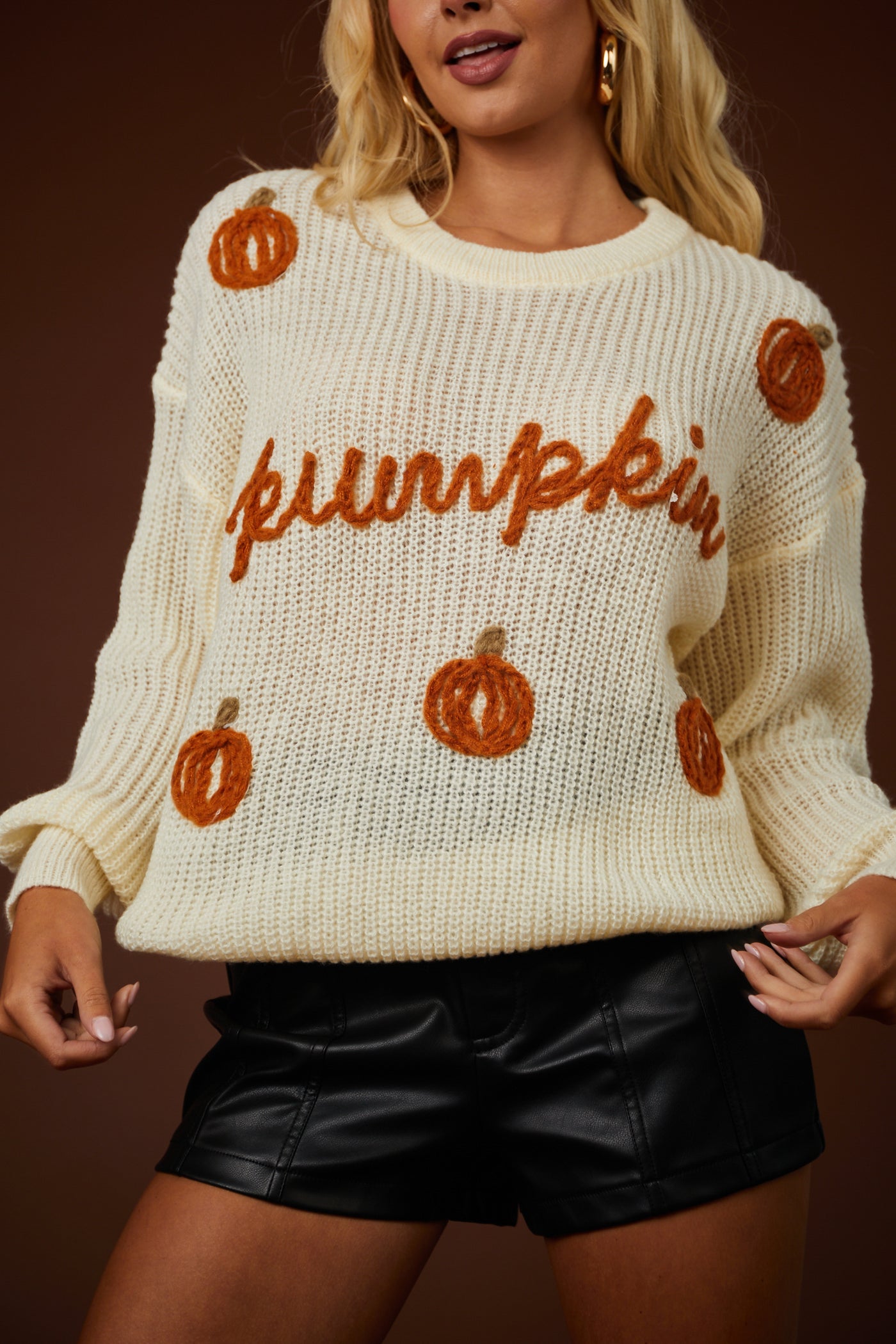 Cream 'Pumpkin' Yarn Stitch Ribbed Knit Sweater