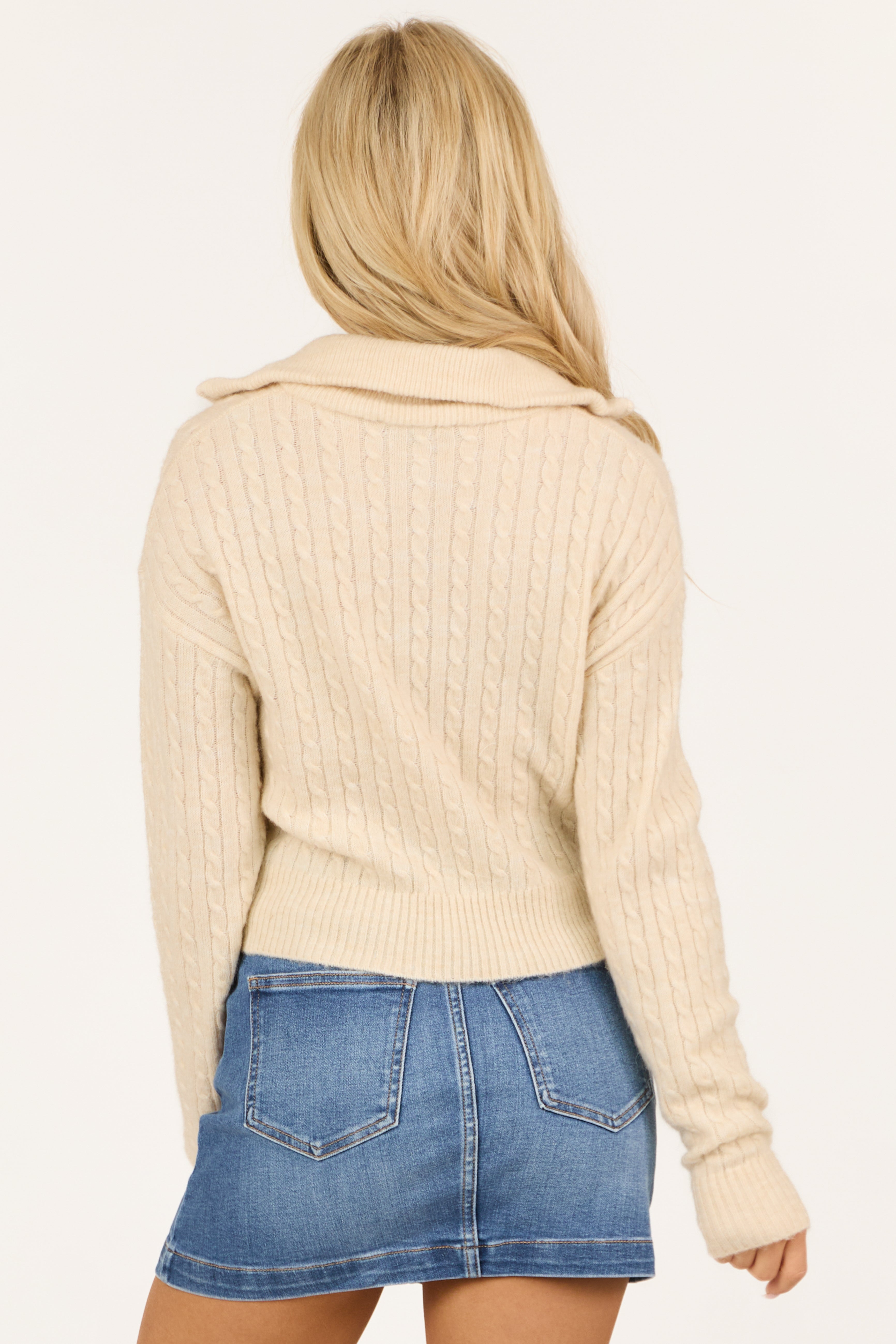 Cream Quarter Zip Up Collared Long Sleeve Sweater | Lime Lush Boutique