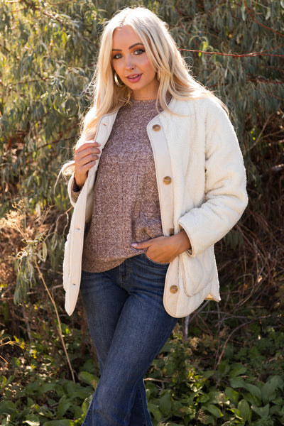 Cream Quilted Button Down Sherpa Jacket