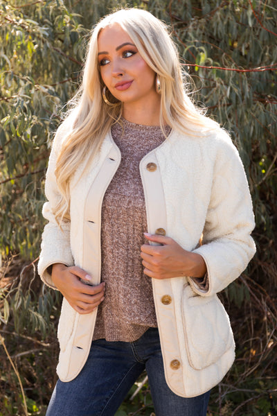 Cream Quilted Button Down Sherpa Jacket