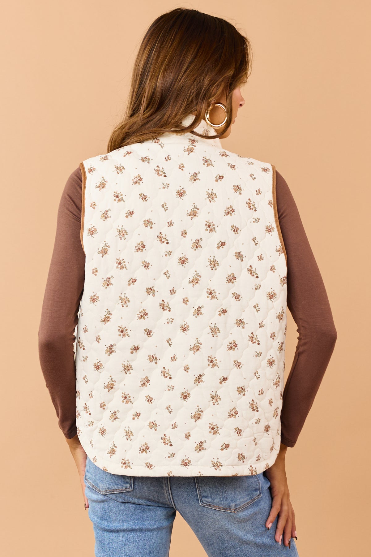 Cream Quilted Corduroy Floral Zip Up Vest