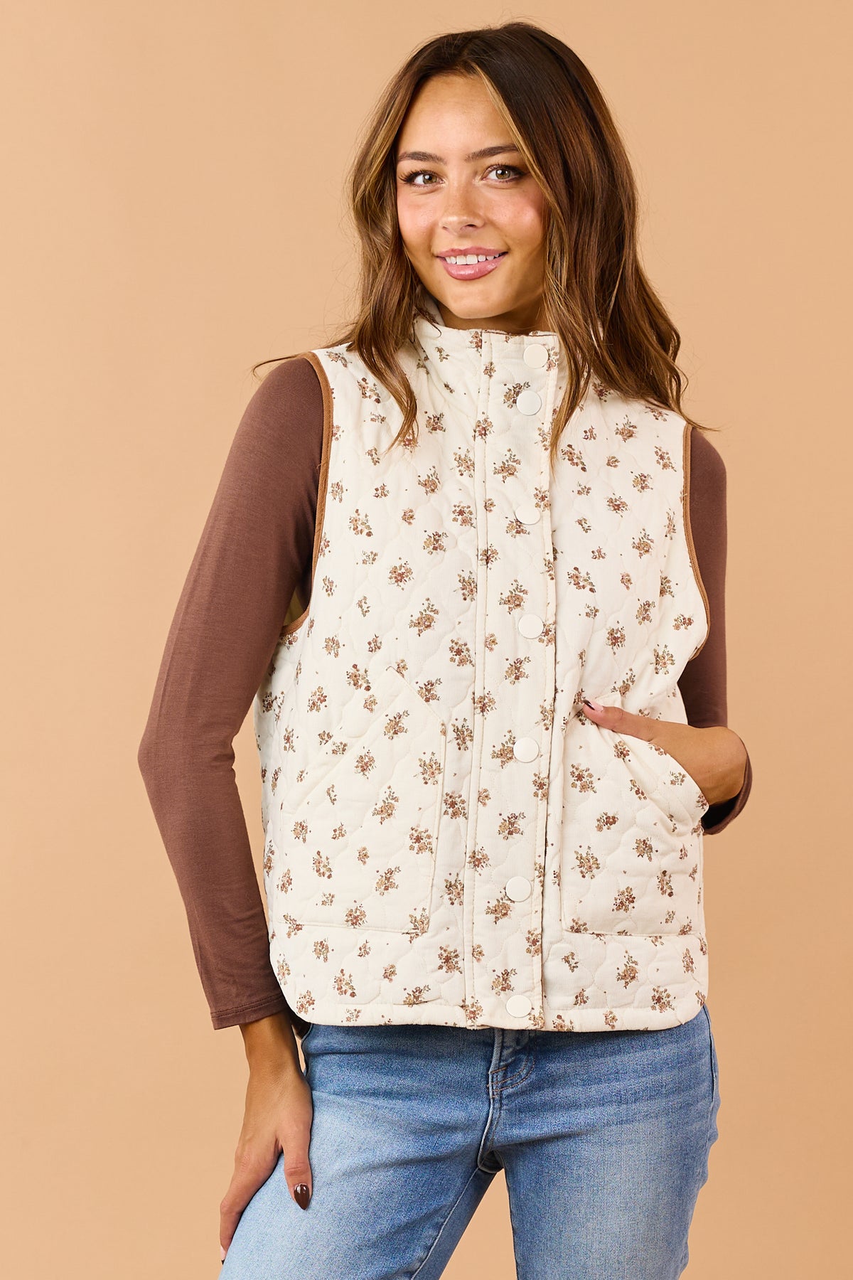 Cream Quilted Corduroy Floral Zip Up Vest