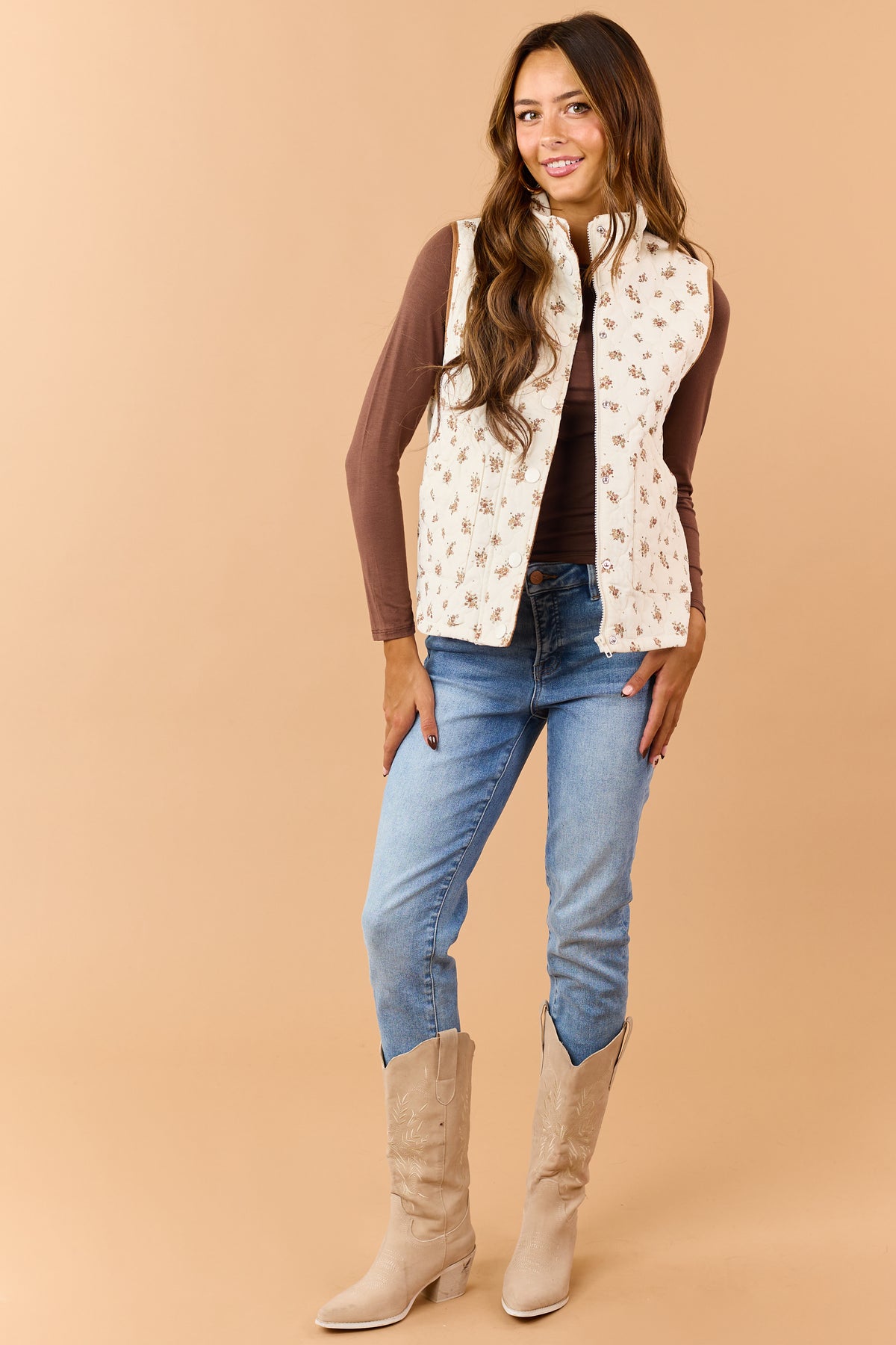 Cream Quilted Corduroy Floral Zip Up Vest