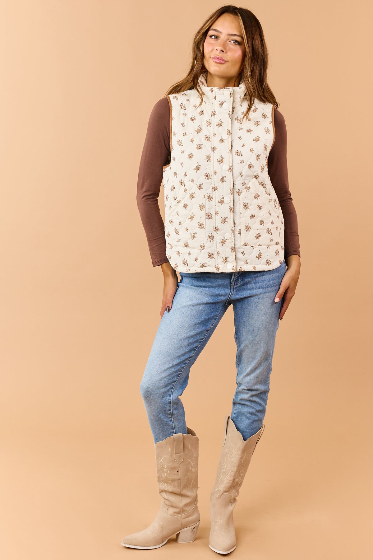 Cream Quilted Corduroy Floral Zip Up Vest