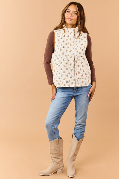 Cream Quilted Corduroy Floral Zip Up Vest