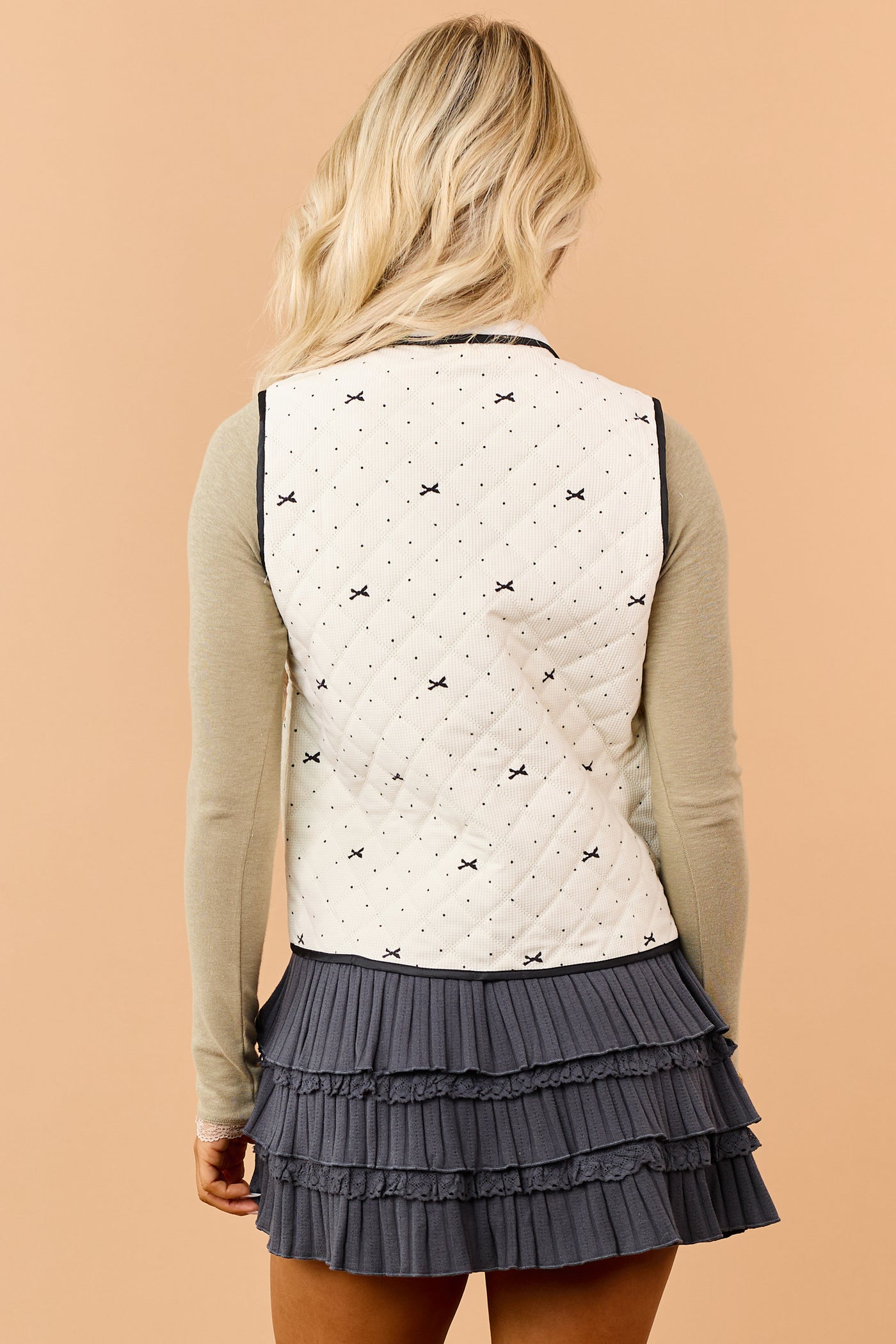 Cream Quilted Polka Dot Bow Print Zipper Vest