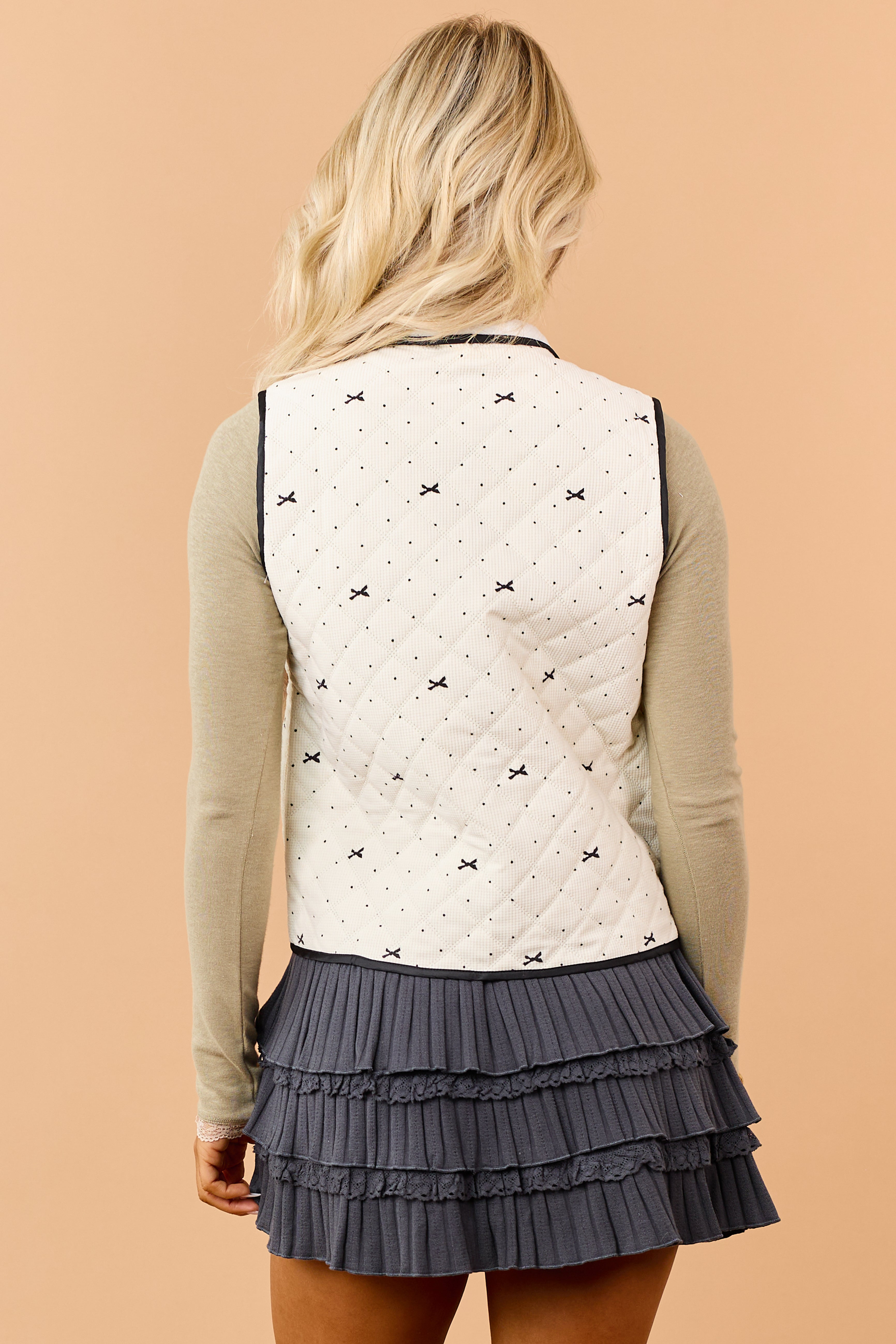 Cream Quilted Polka Dot Bow Print Zipper Vest