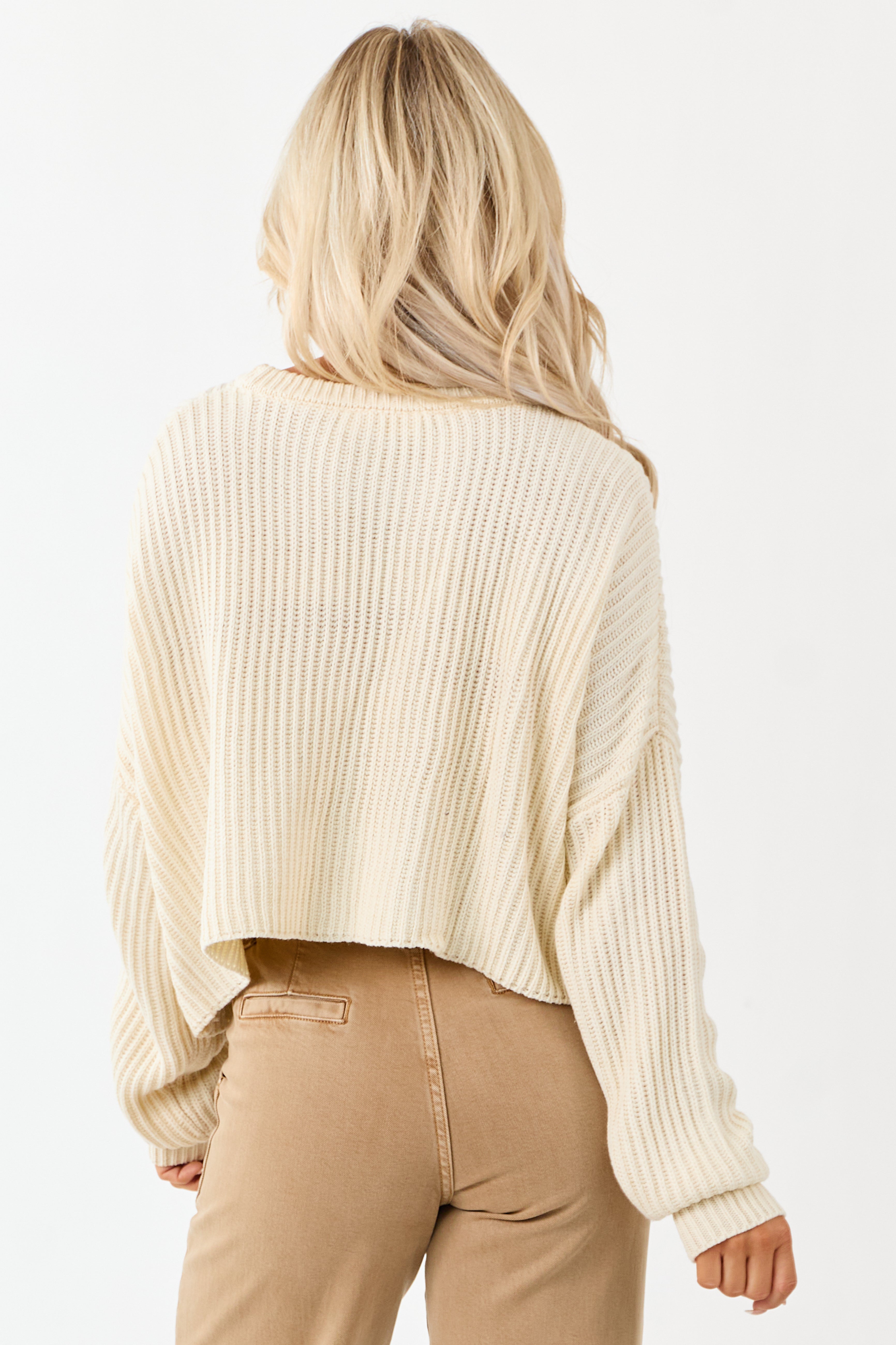 Cream Relaxed Rib Knit Crew Neck Cropped Sweater