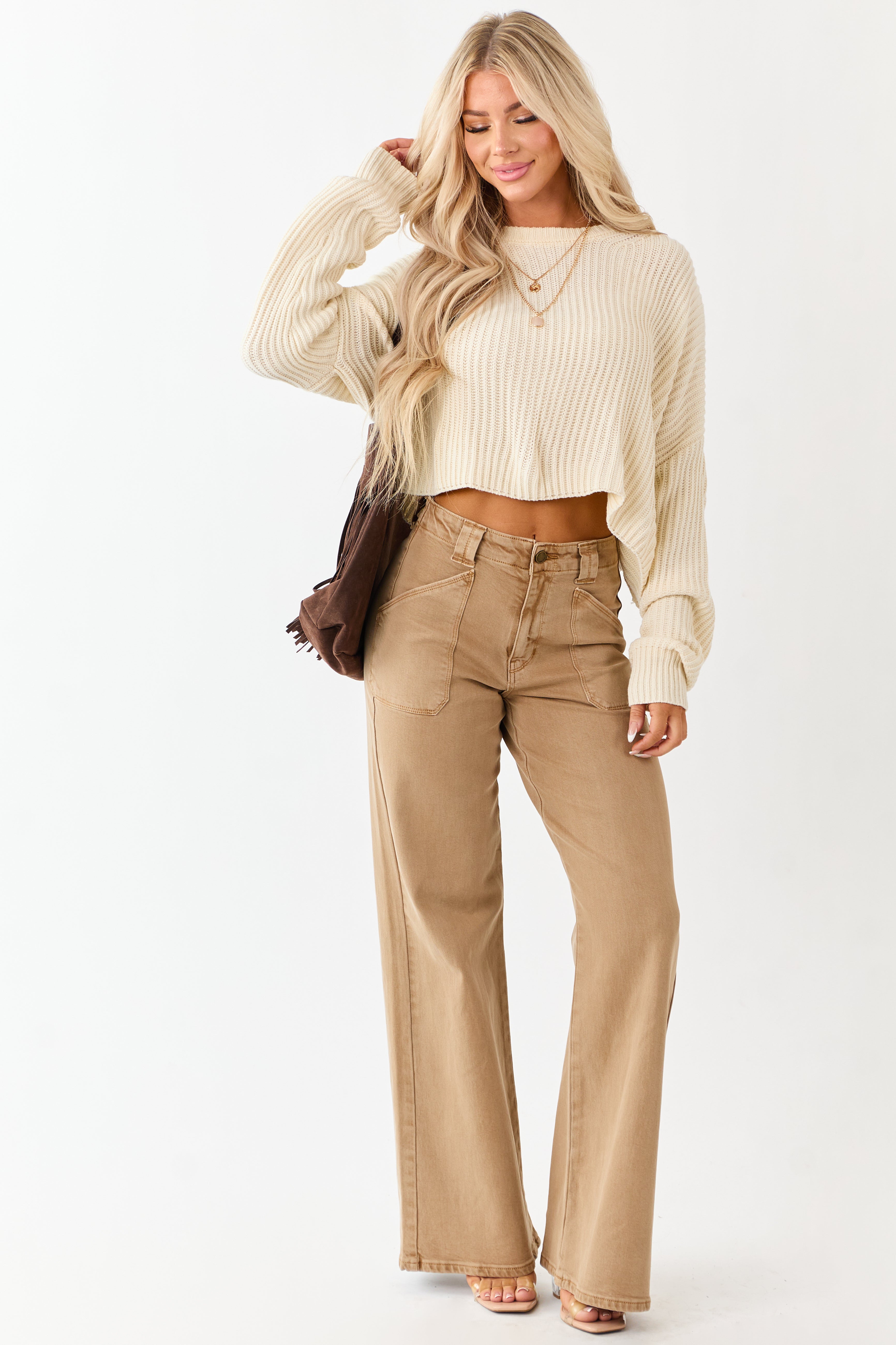 Cream Relaxed Rib Knit Crew Neck Cropped Sweater | Lime Lush Boutique