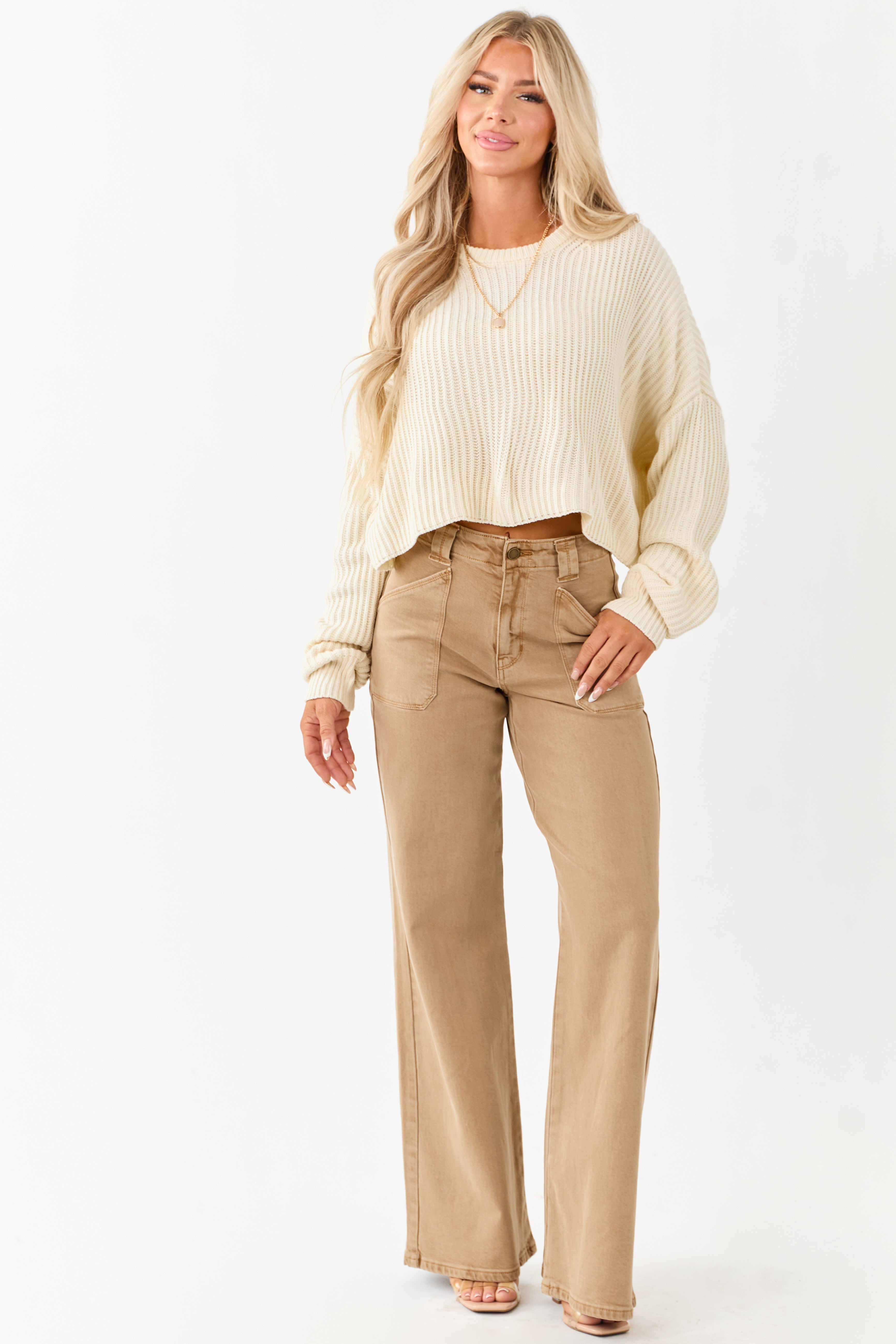 Cream Relaxed Rib Knit Crew Neck Cropped Sweater