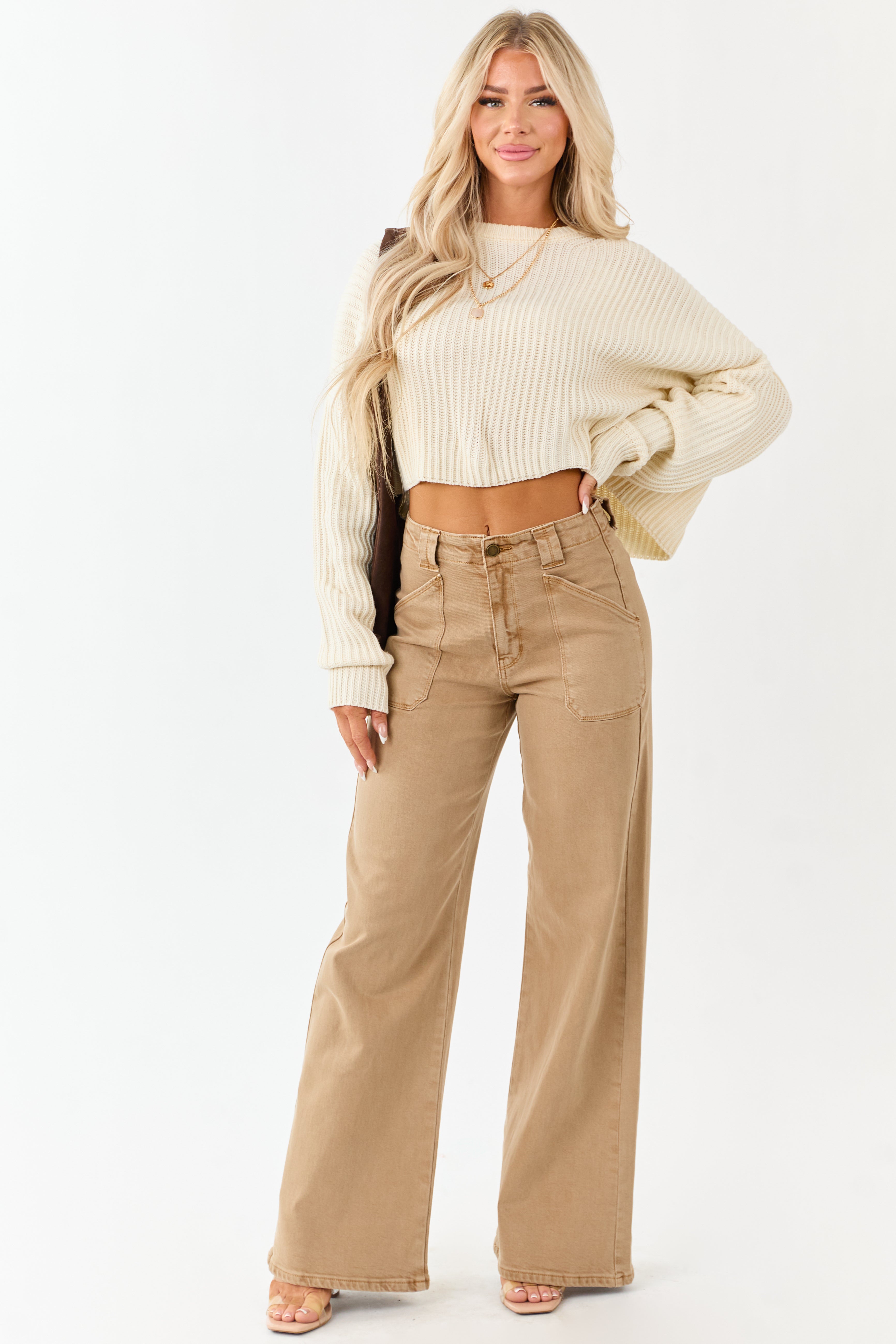 Cream Relaxed Rib Knit Crew Neck Cropped Sweater