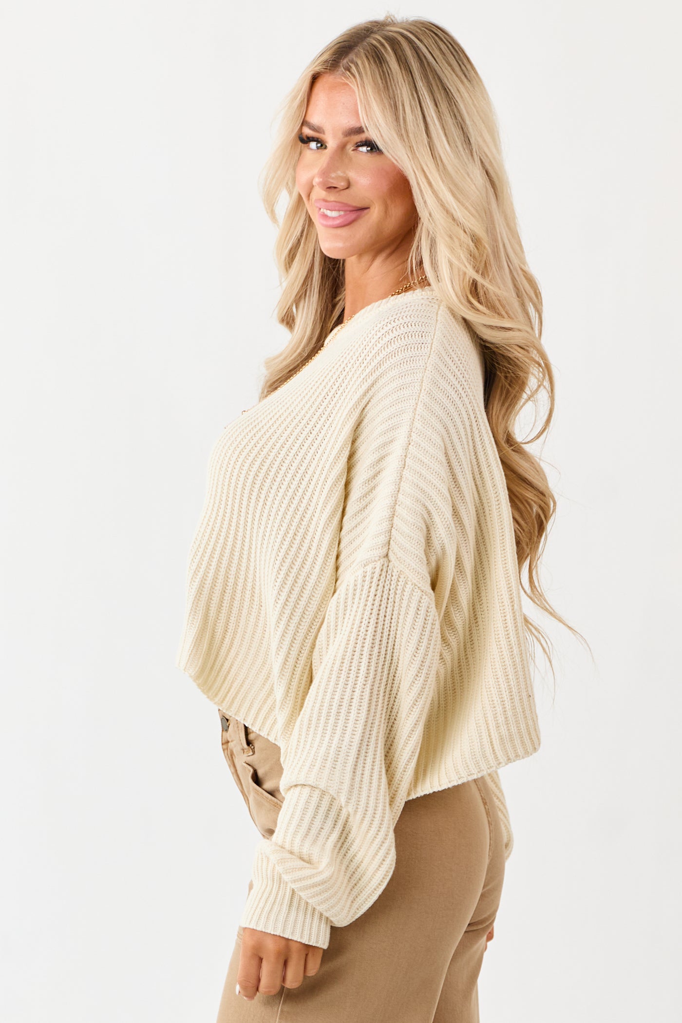 Cream Relaxed Rib Knit Crew Neck Cropped Sweater