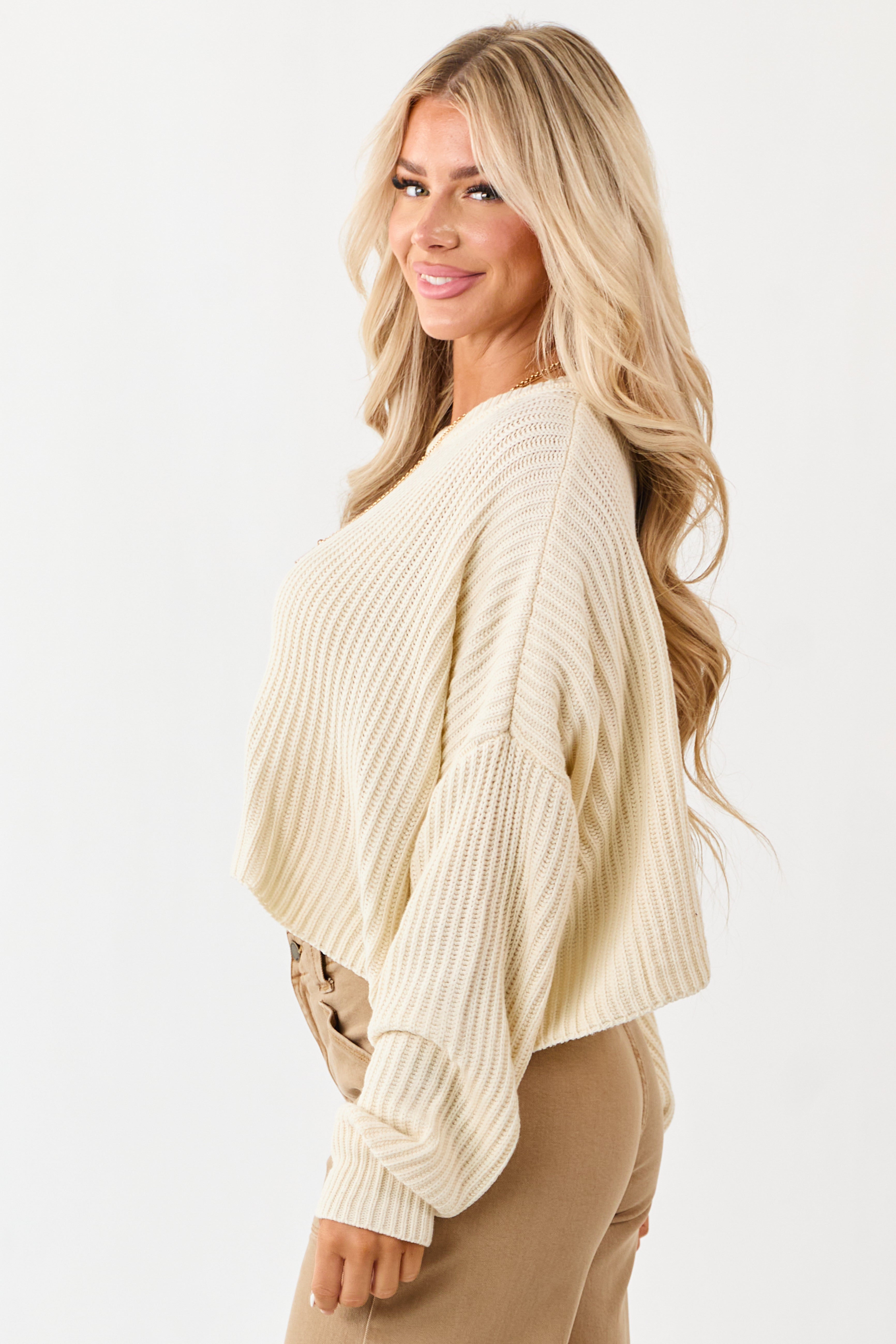 Cream Relaxed Rib Knit Crew Neck Cropped Sweater
