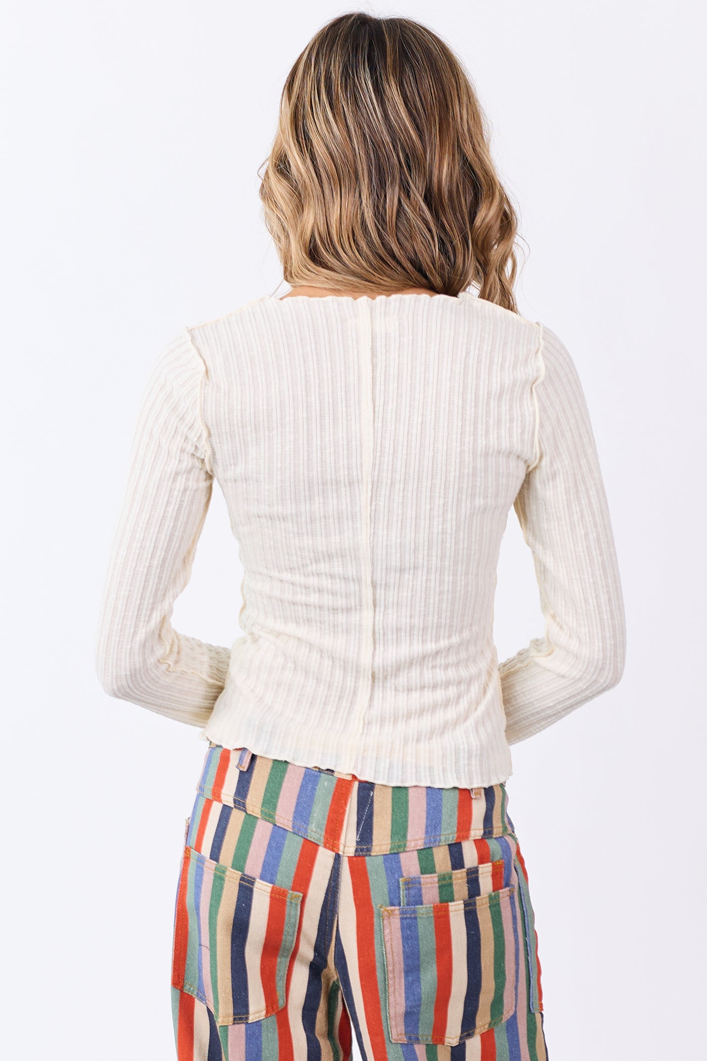 Cream Rib Knit Lettuce Trim Long Sleeve Top