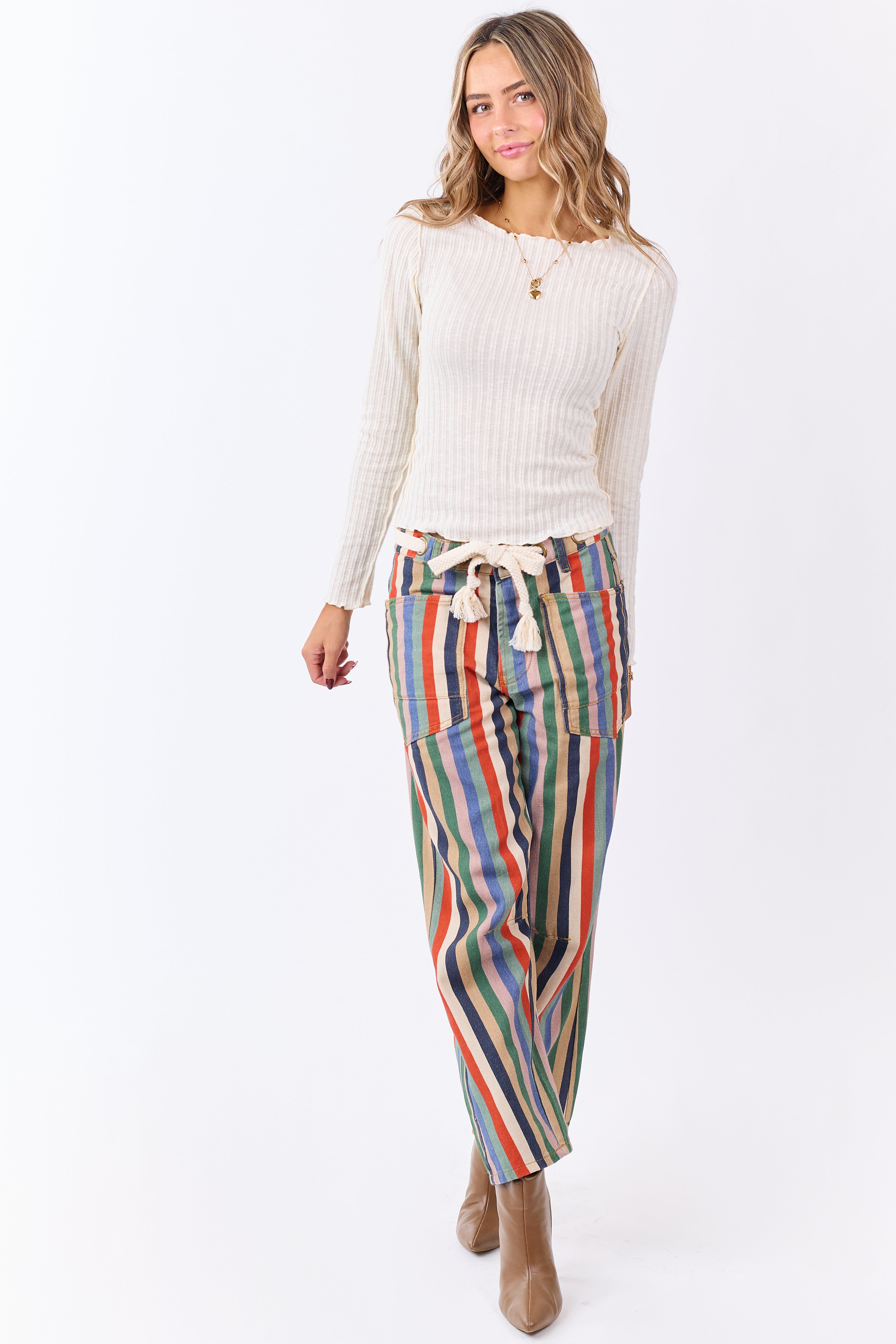 Cream Rib Knit Lettuce Trim Long Sleeve Top