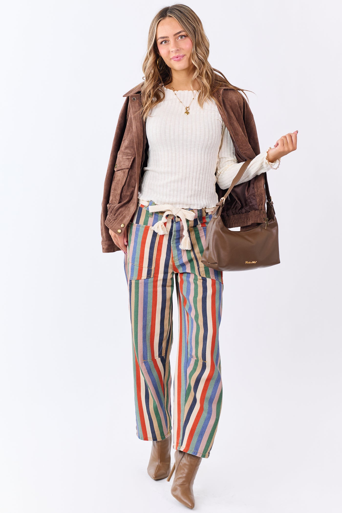 Cream Rib Knit Lettuce Trim Long Sleeve Top