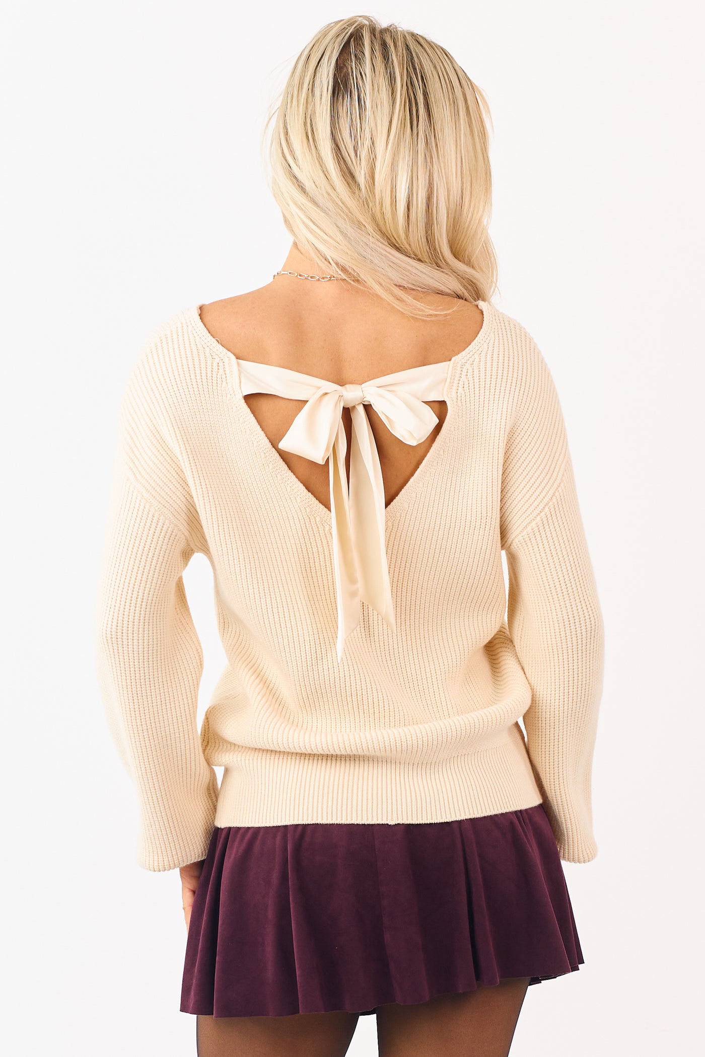 Cream Rib Knit Low V Back Contrast Ribbon Sweater