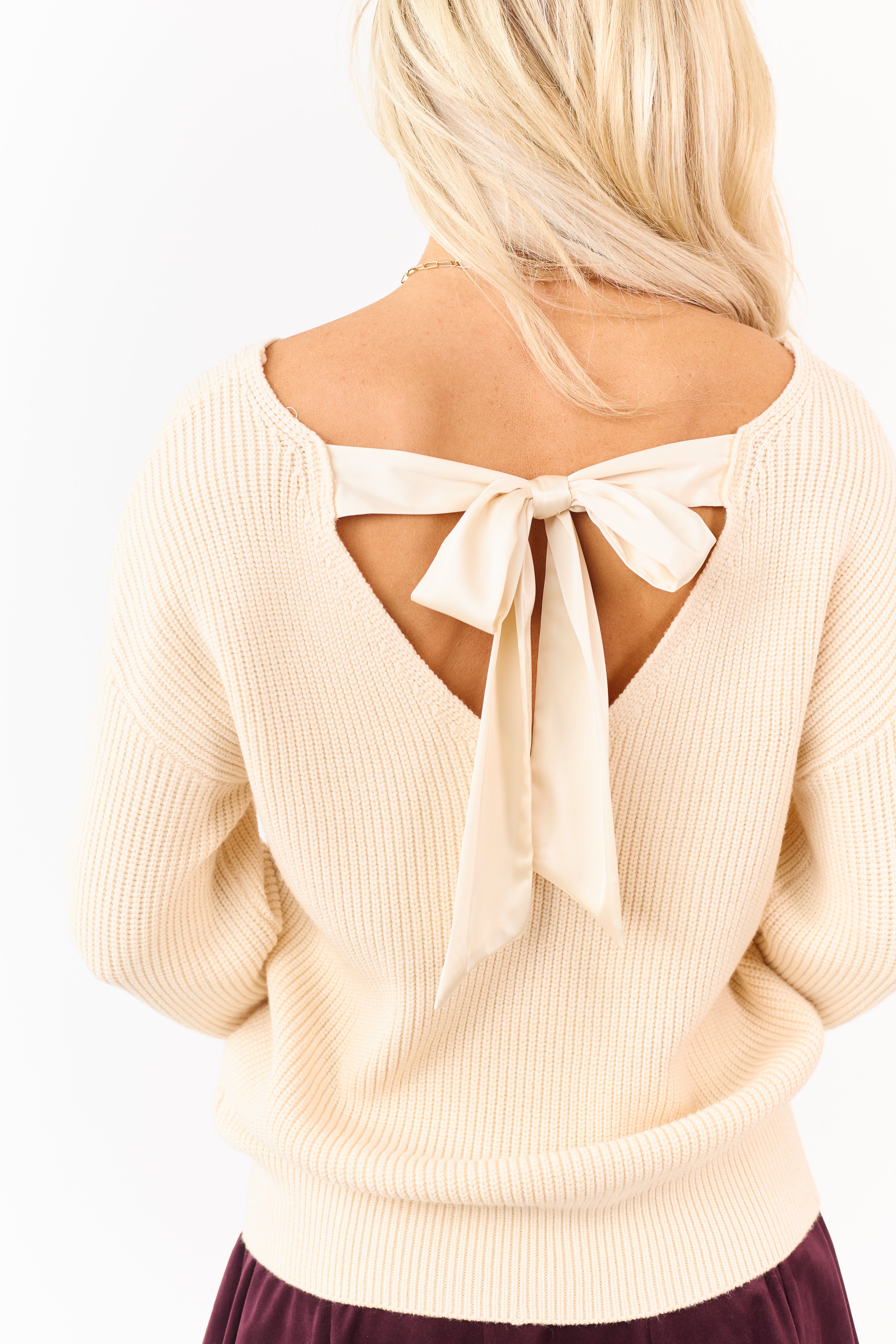 Cream Rib Knit Low V Back Contrast Ribbon Sweater