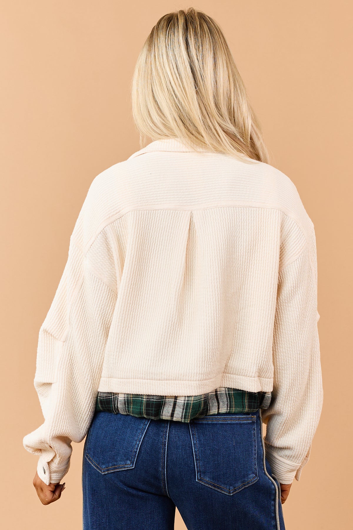 Cream Rib Knit Plaid Contrast Zip Up Jacket
