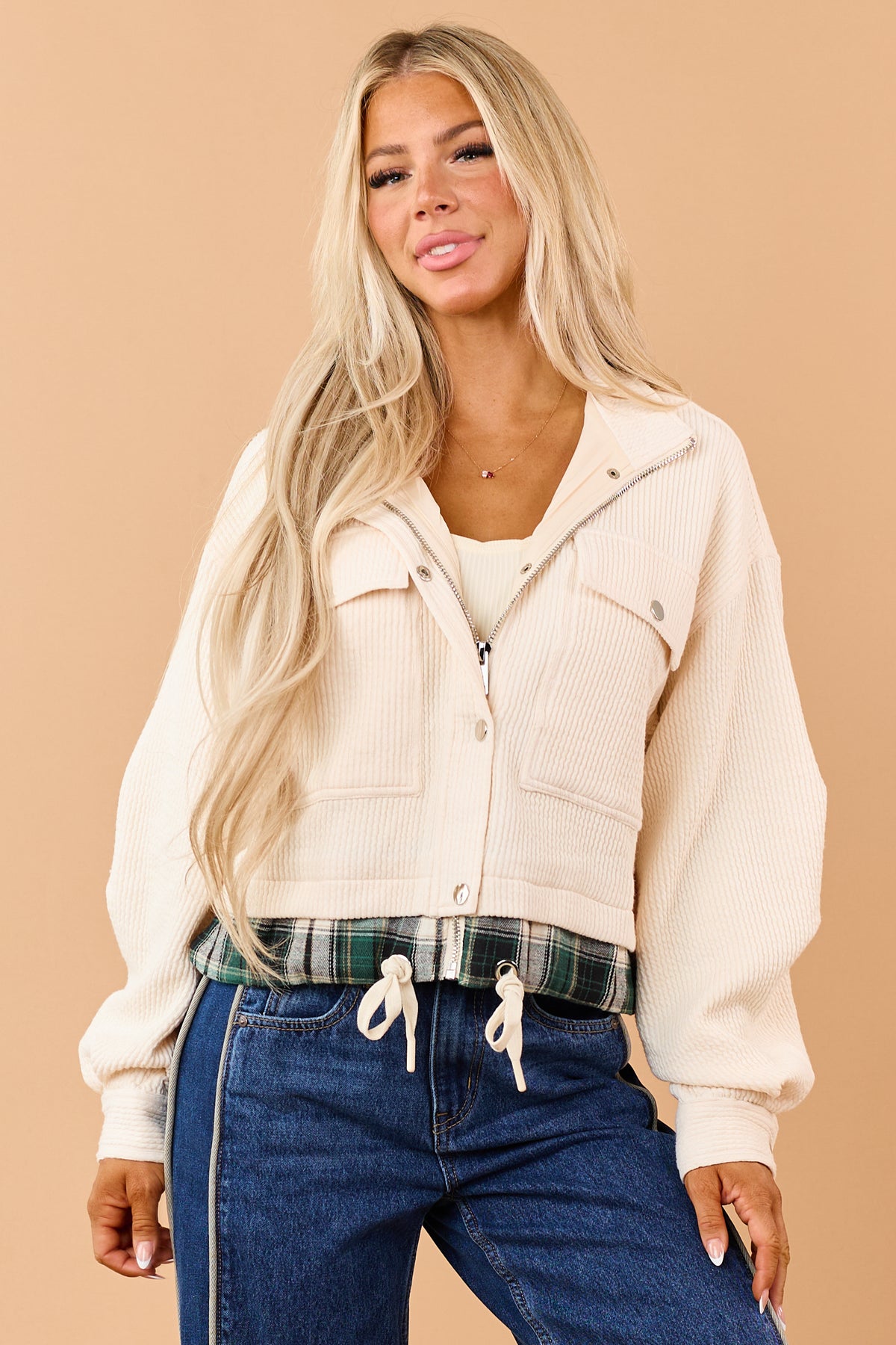 Cream Rib Knit Plaid Contrast Zip Up Jacket