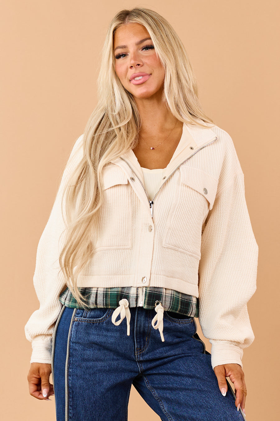 Cream Rib Knit Plaid Contrast Zip Up Jacket