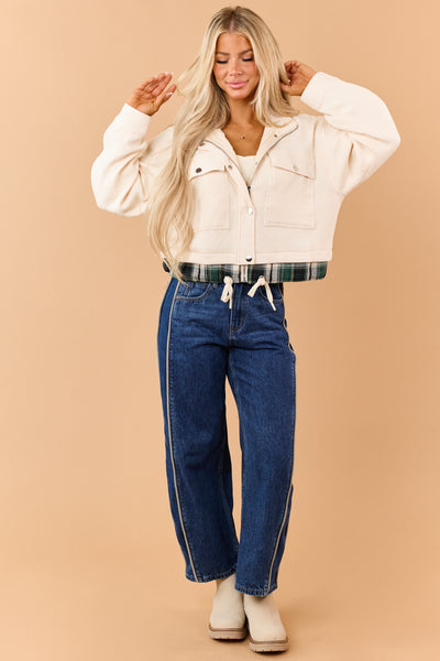 Cream Rib Knit Plaid Contrast Zip Up Jacket