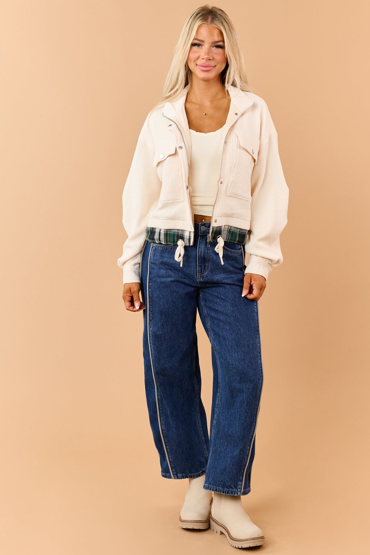 Cream Rib Knit Plaid Contrast Zip Up Jacket