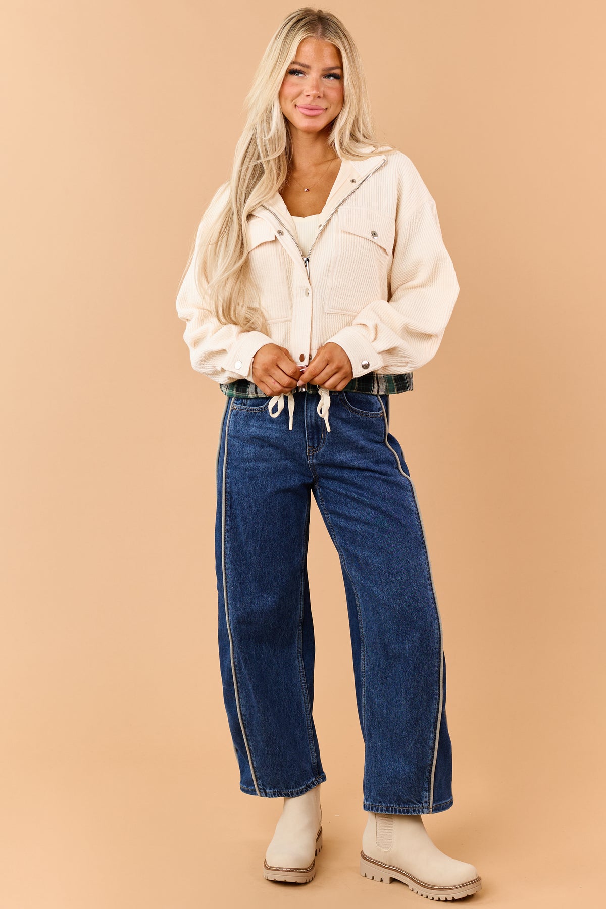 Cream Rib Knit Plaid Contrast Zip Up Jacket