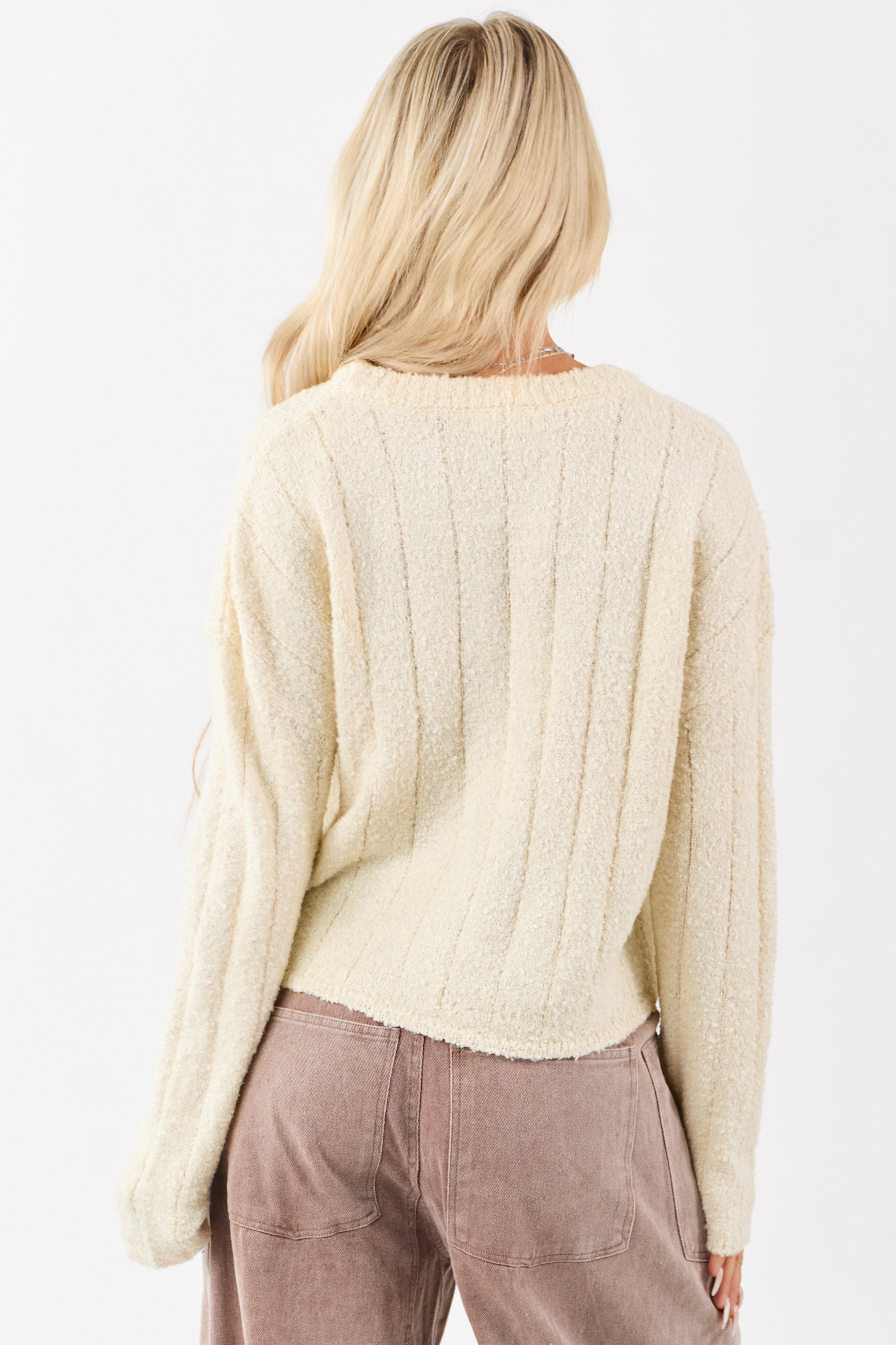 Cream Rib Texture Crew Neck Pullover Sweater